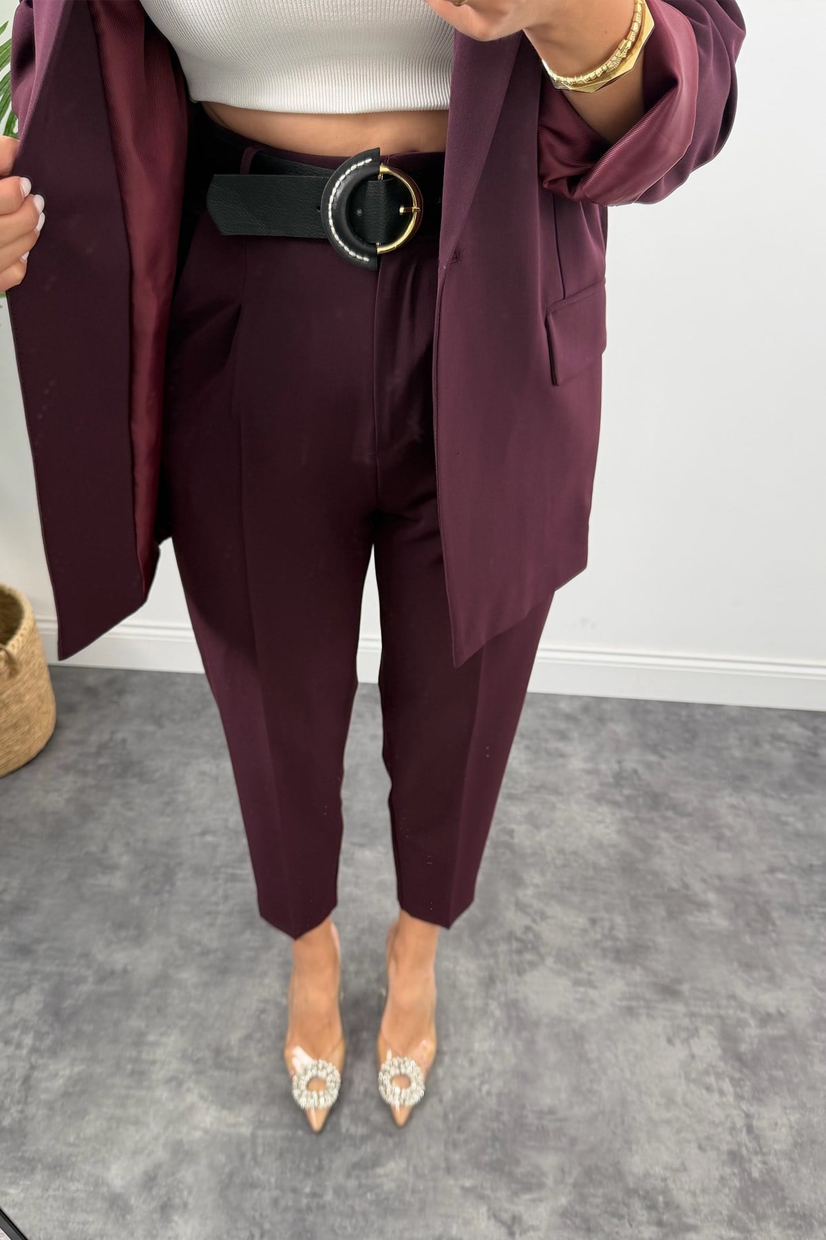 Premium Seri Kemerli Pantolon Ceket Takım Mürdüm