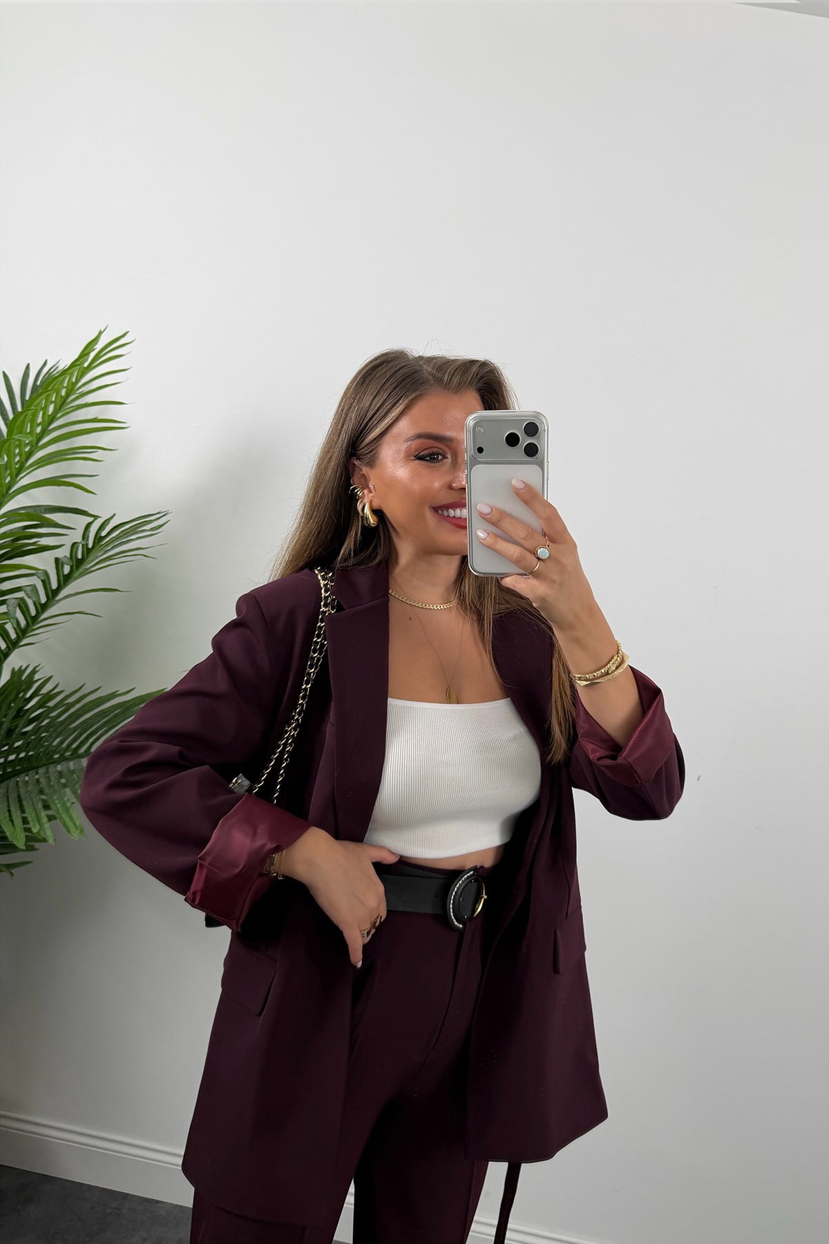 Premium Seri Kemerli Pantolon Ceket Takım Mürdüm