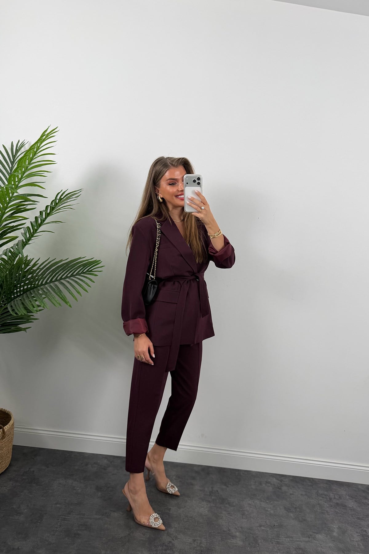 Premium Seri Kemerli Pantolon Ceket Takım Mürdüm