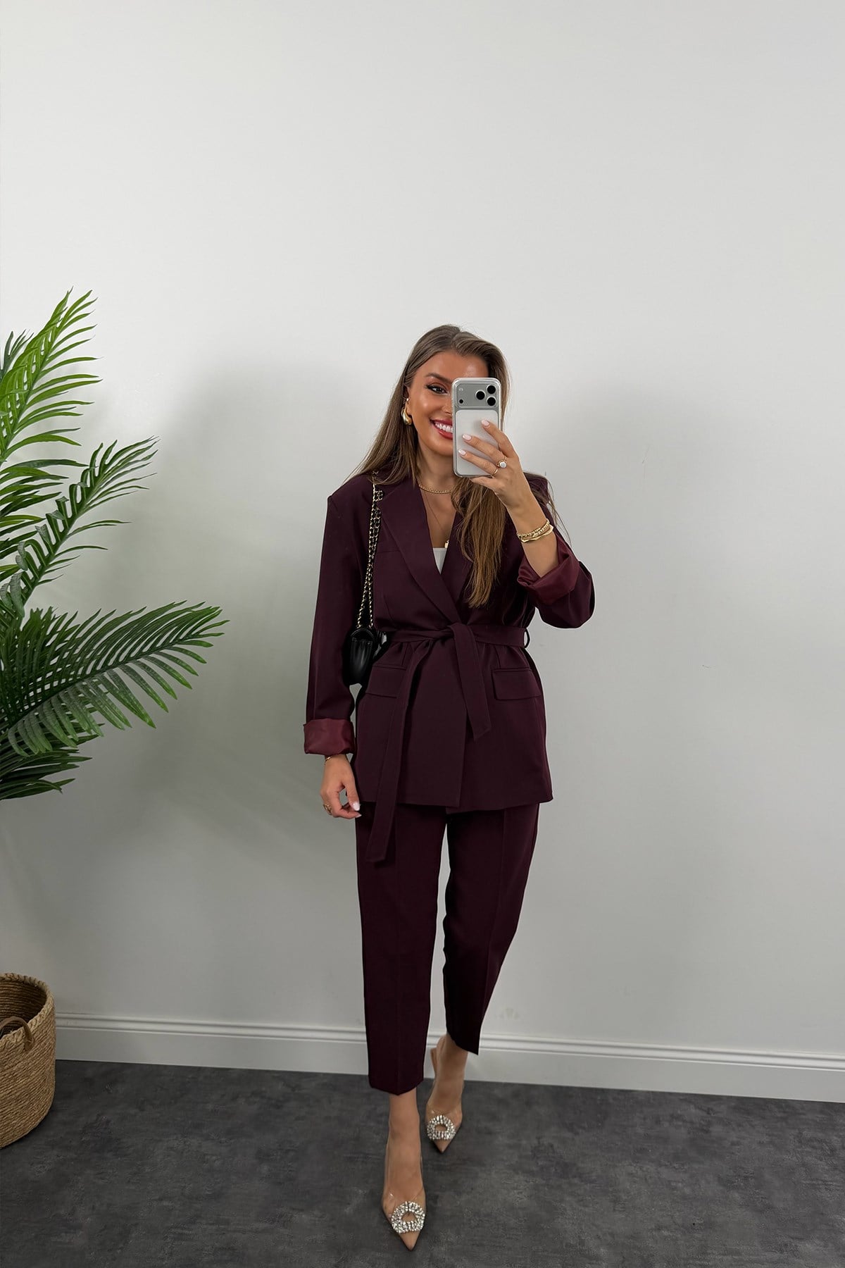 Premium Seri Kemerli Pantolon Ceket Takım Mürdüm