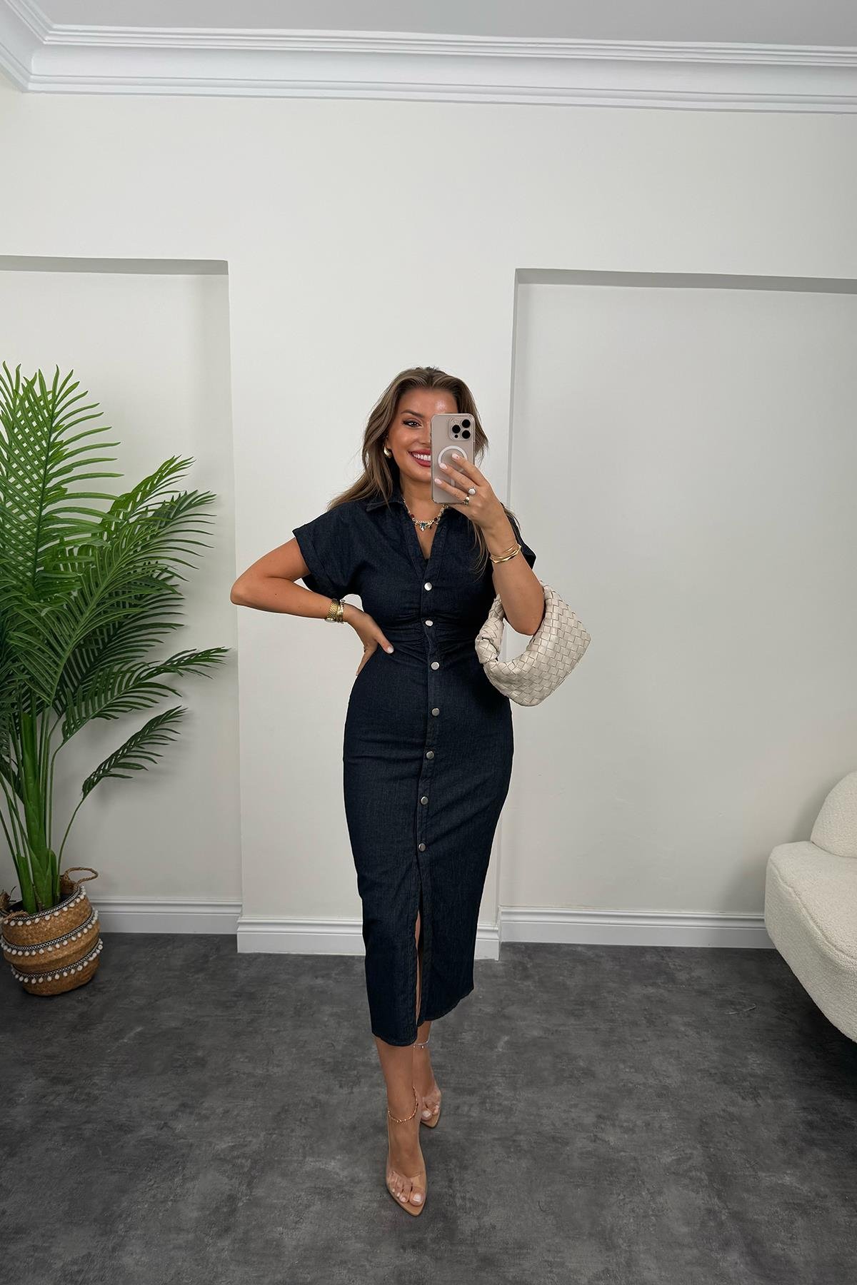 Premium Seri Kol Likralı Jean Kalem Elbise