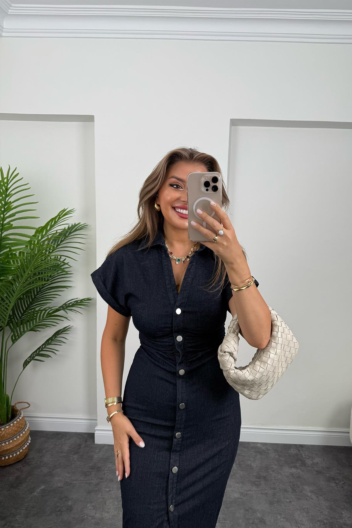 Premium Seri Kol Likralı Jean Kalem Elbise