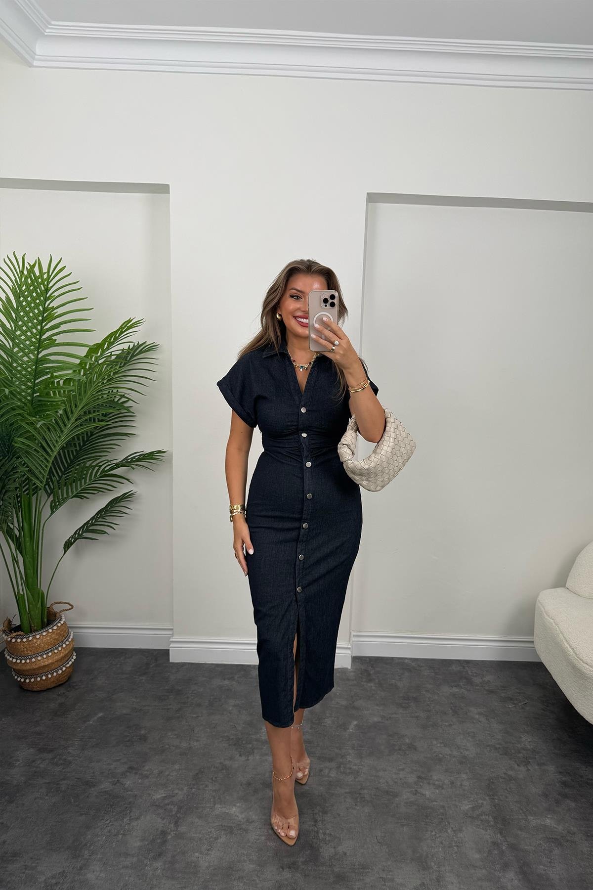 Premium Seri Kol Likralı Jean Kalem Elbise