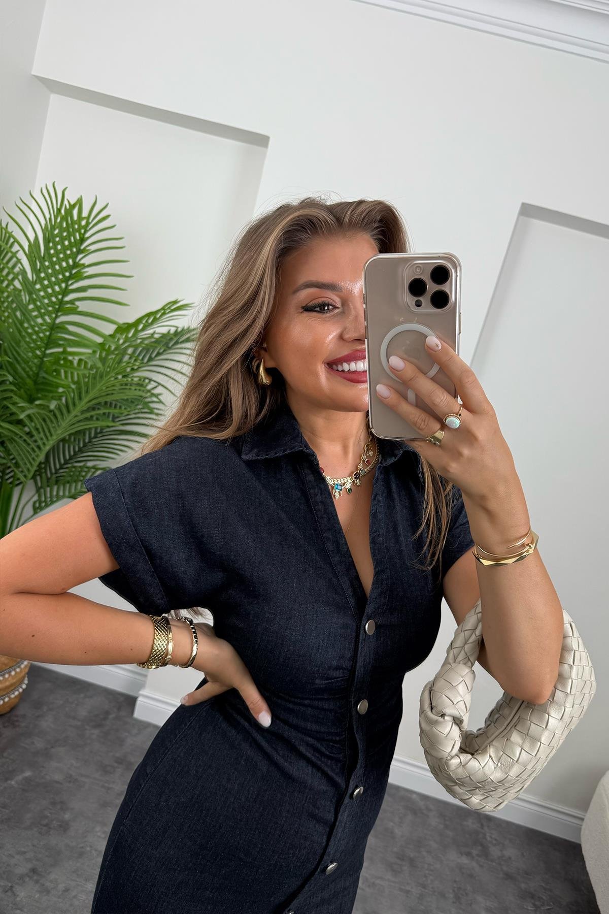 Premium Seri Kol Likralı Jean Kalem Elbise