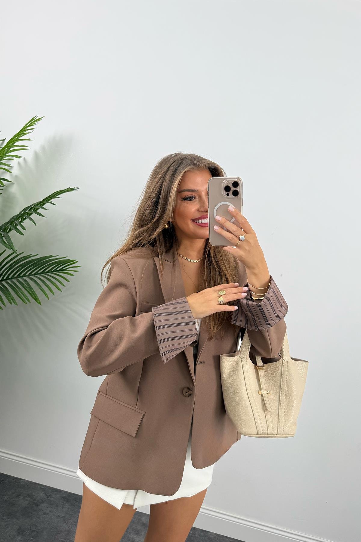 Premium Seri Kol Manşeti Çizgili Double Kumaş Blazer Ceket Açık Kahve