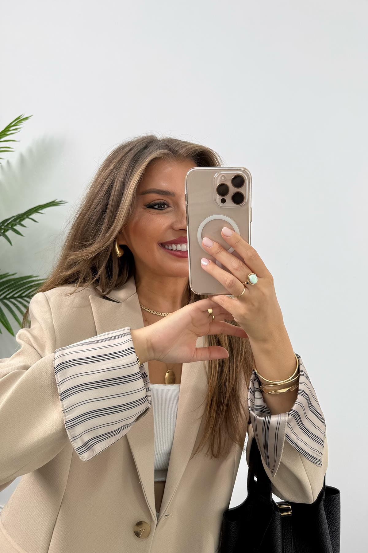 Premium Seri Kol Manşeti Çizgili Double Kumaş Blazer Ceket Taş