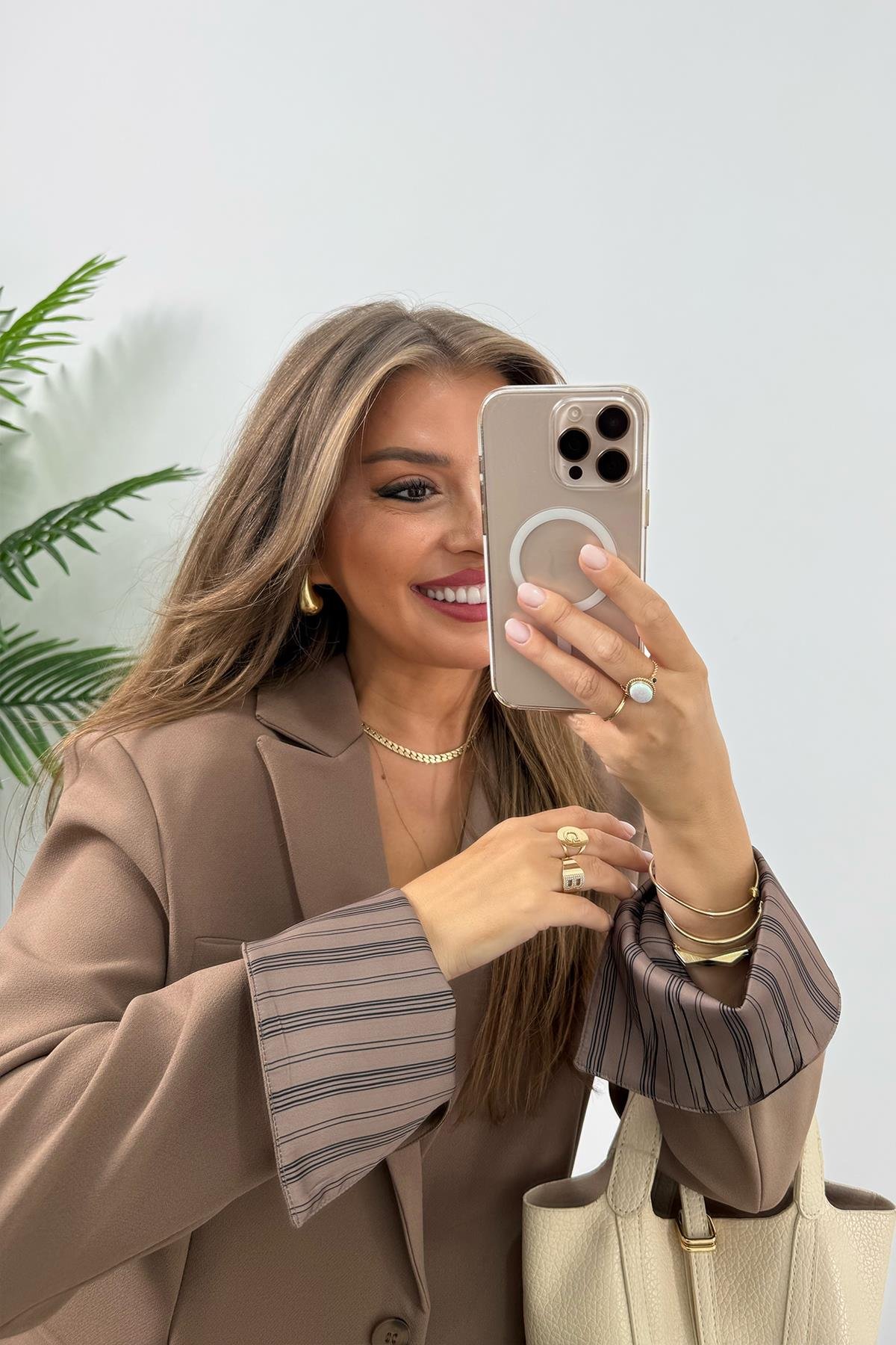 Premium Seri Kol Manşeti Çizgili Double Kumaş Blazer Ceket Açık Kahve