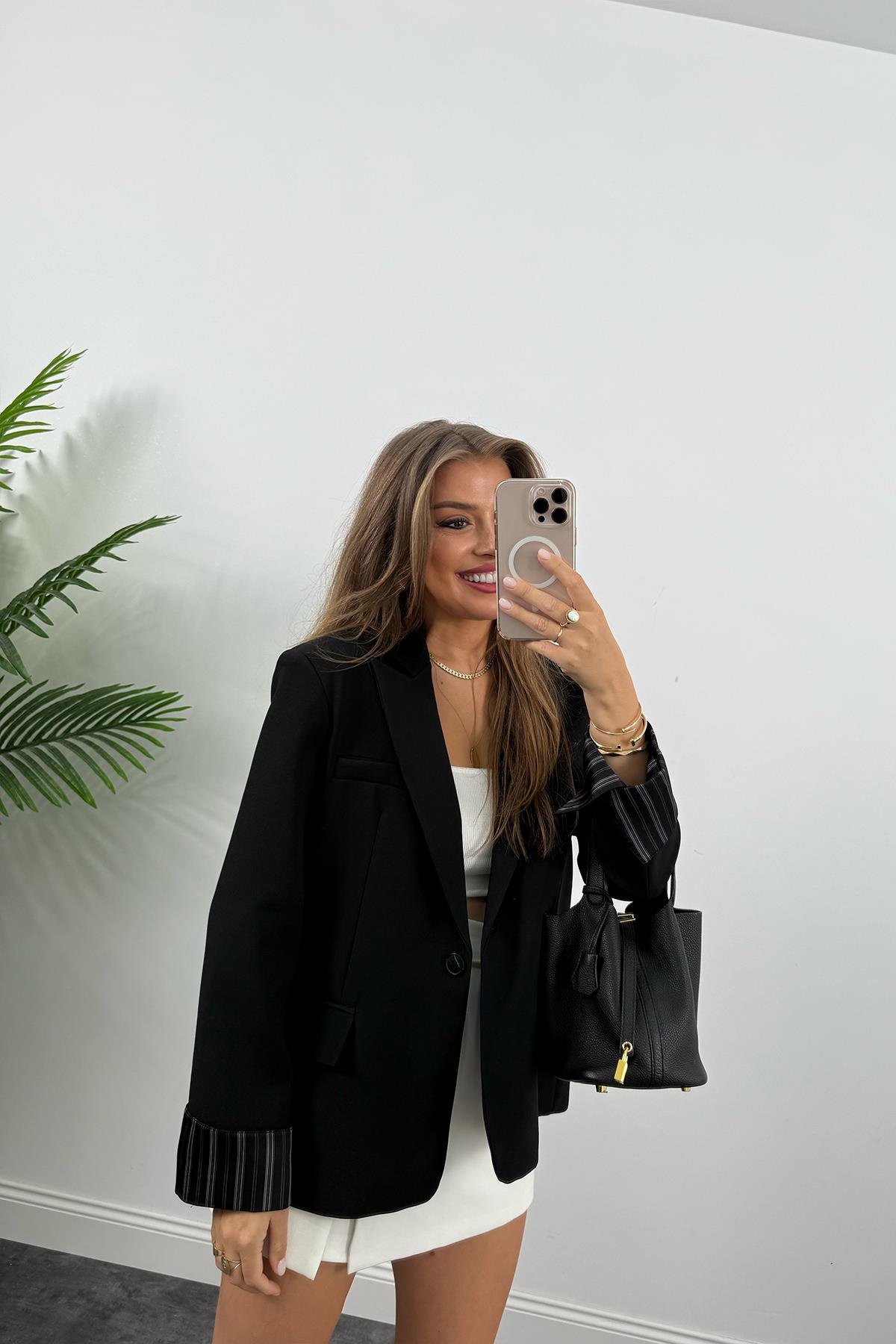 Premium Seri Kol Manşeti Çizgili Double Kumaş Blazer Ceket Siyah