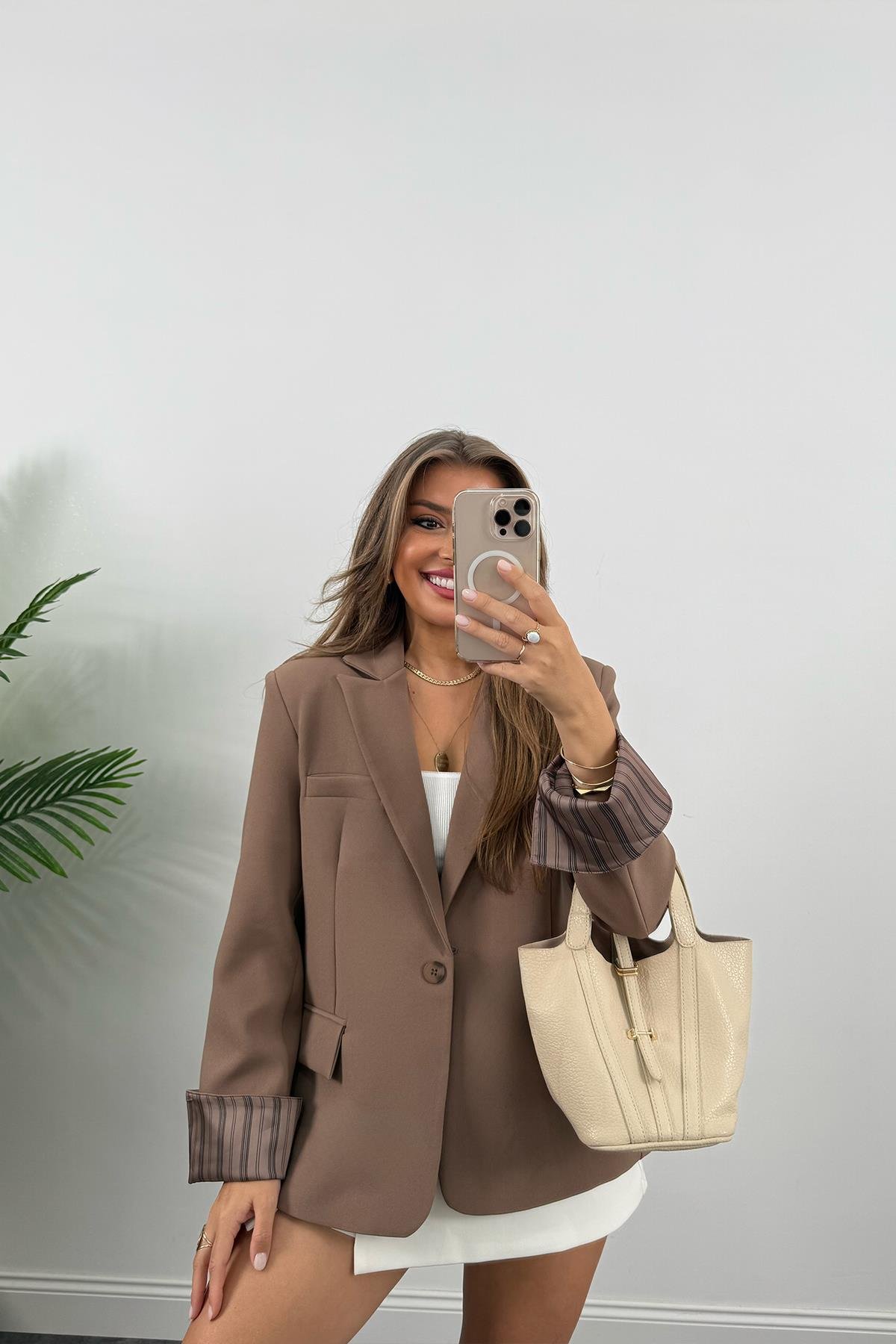 Premium Seri Kol Manşeti Çizgili Double Kumaş Blazer Ceket Açık Kahve