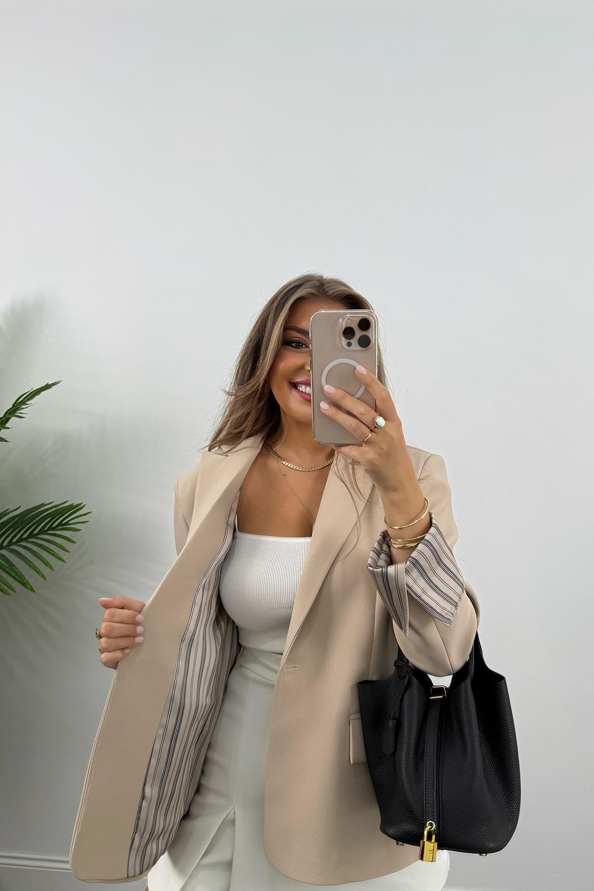 Premium Seri Kol Manşeti Çizgili Double Kumaş Blazer Ceket Taş