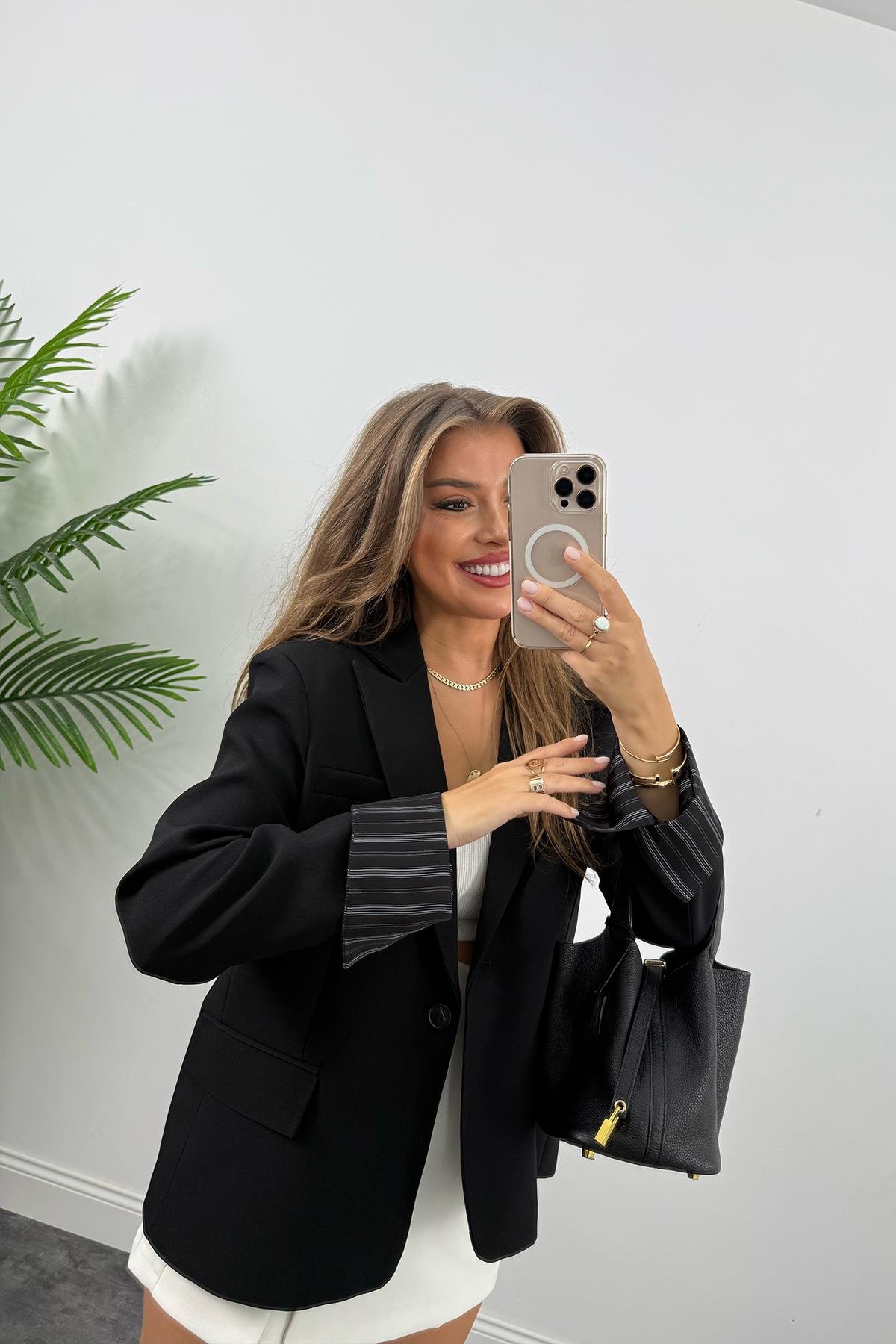 Premium Seri Kol Manşeti Çizgili Double Kumaş Blazer Ceket Siyah