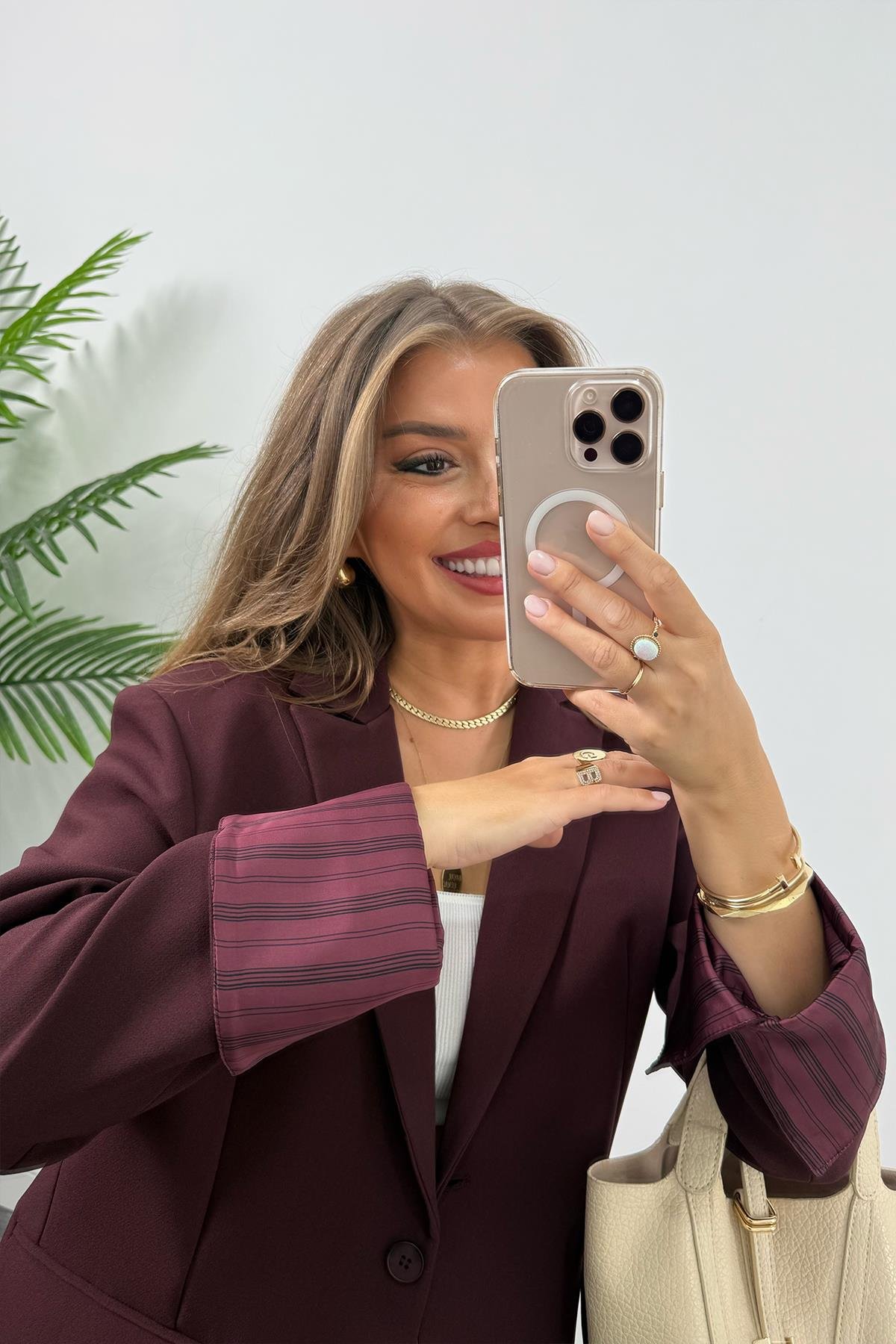 Premium Seri Kol Manşeti Çizgili Double Kumaş Blazer Ceket Mürdüm