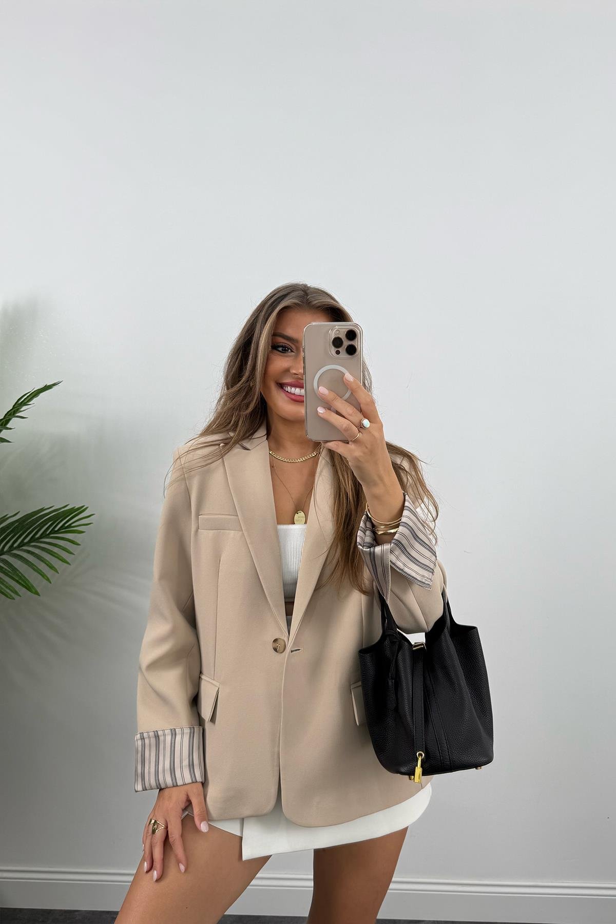 Premium Seri Kol Manşeti Çizgili Double Kumaş Blazer Ceket Taş