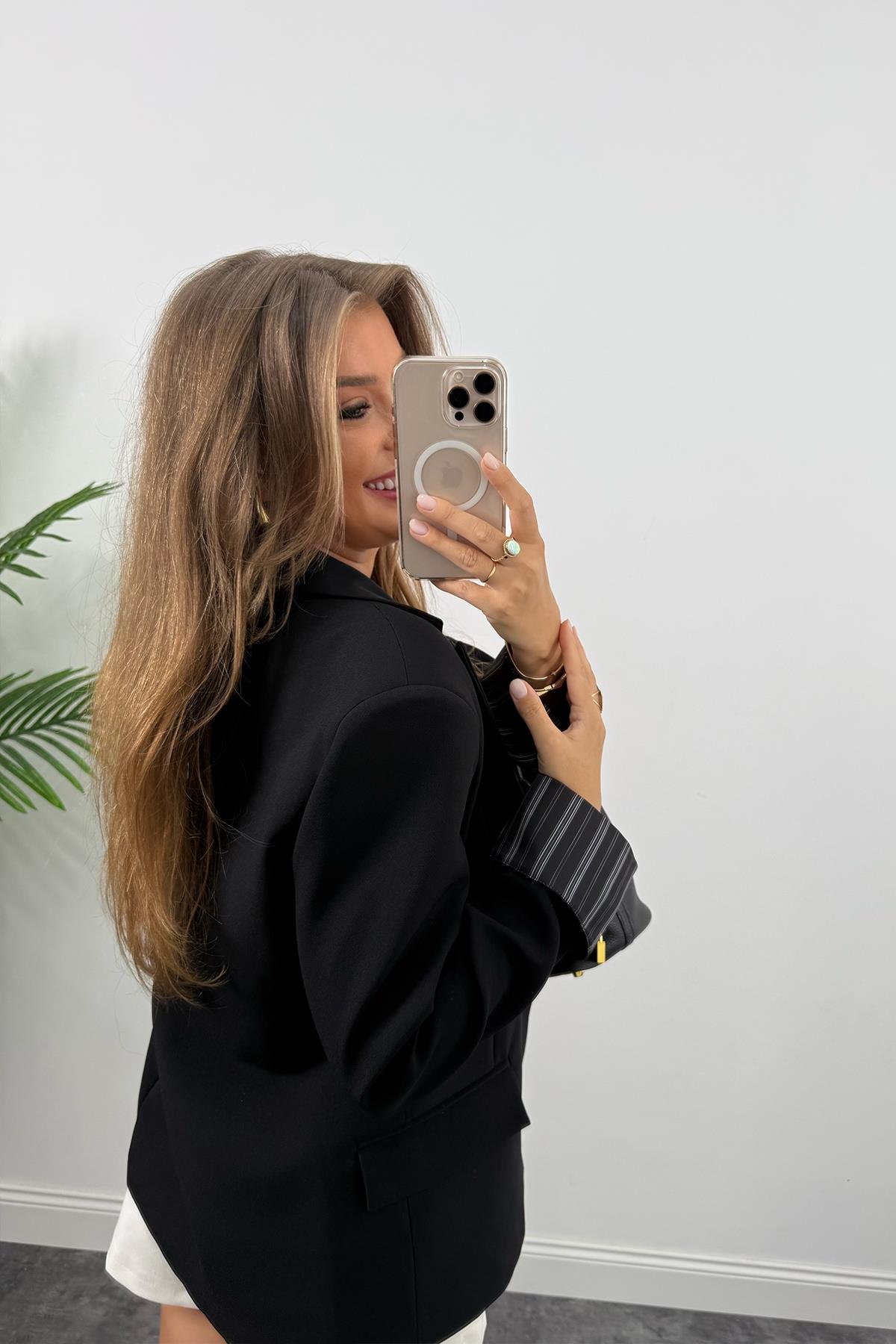 Premium Seri Kol Manşeti Çizgili Double Kumaş Blazer Ceket Siyah