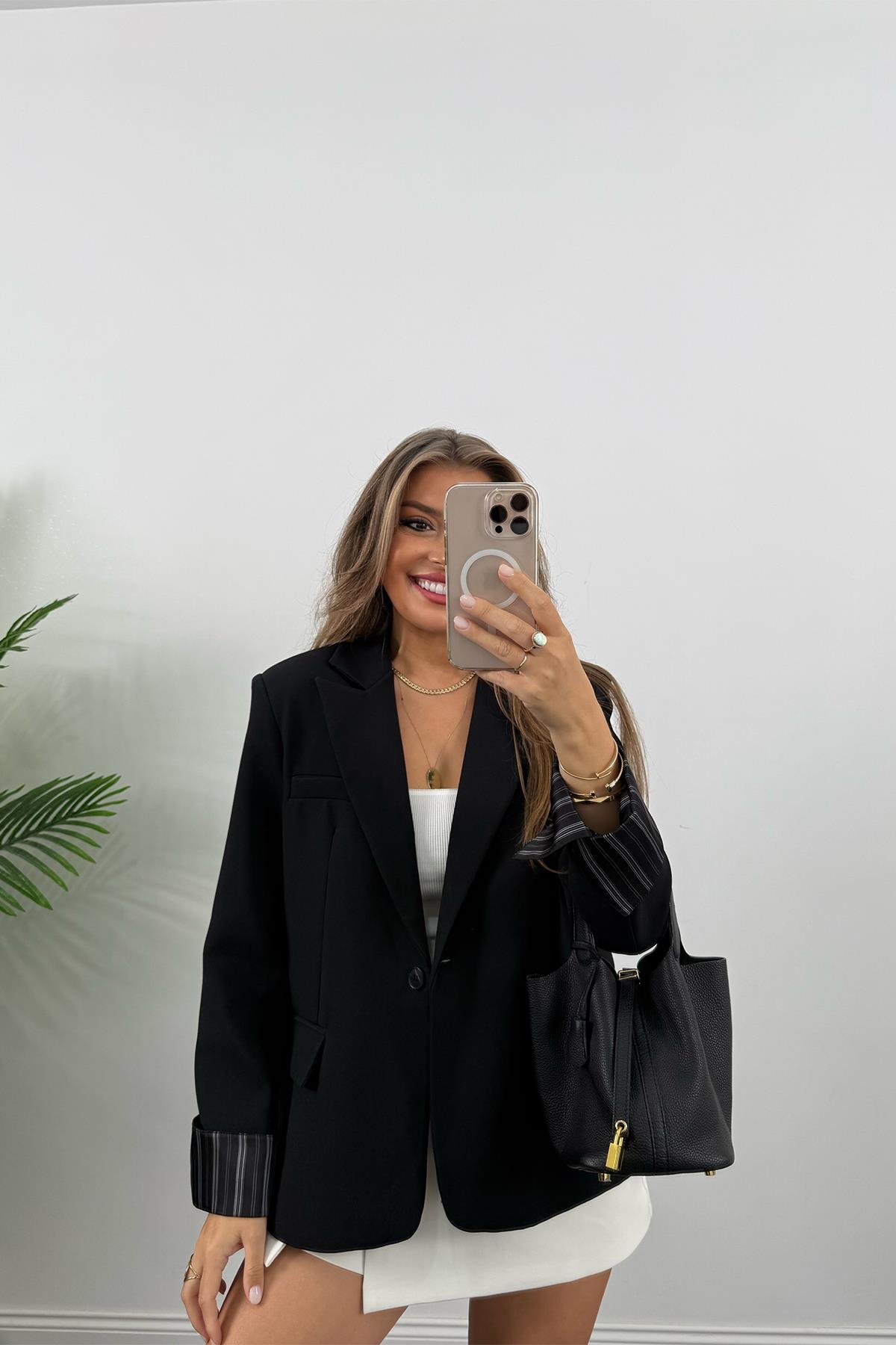 Premium Seri Kol Manşeti Çizgili Double Kumaş Blazer Ceket Siyah