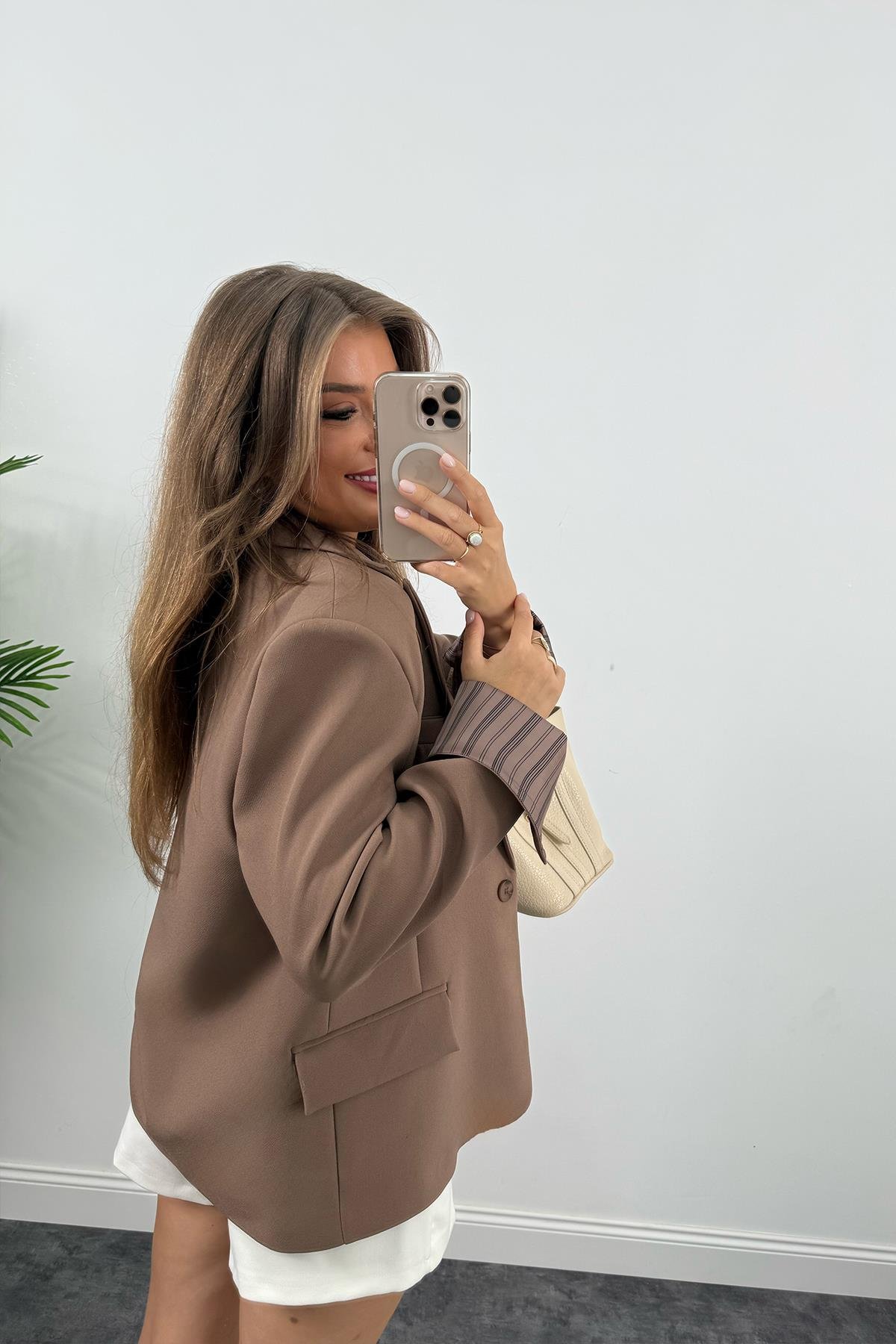 Premium Seri Kol Manşeti Çizgili Double Kumaş Blazer Ceket Açık Kahve