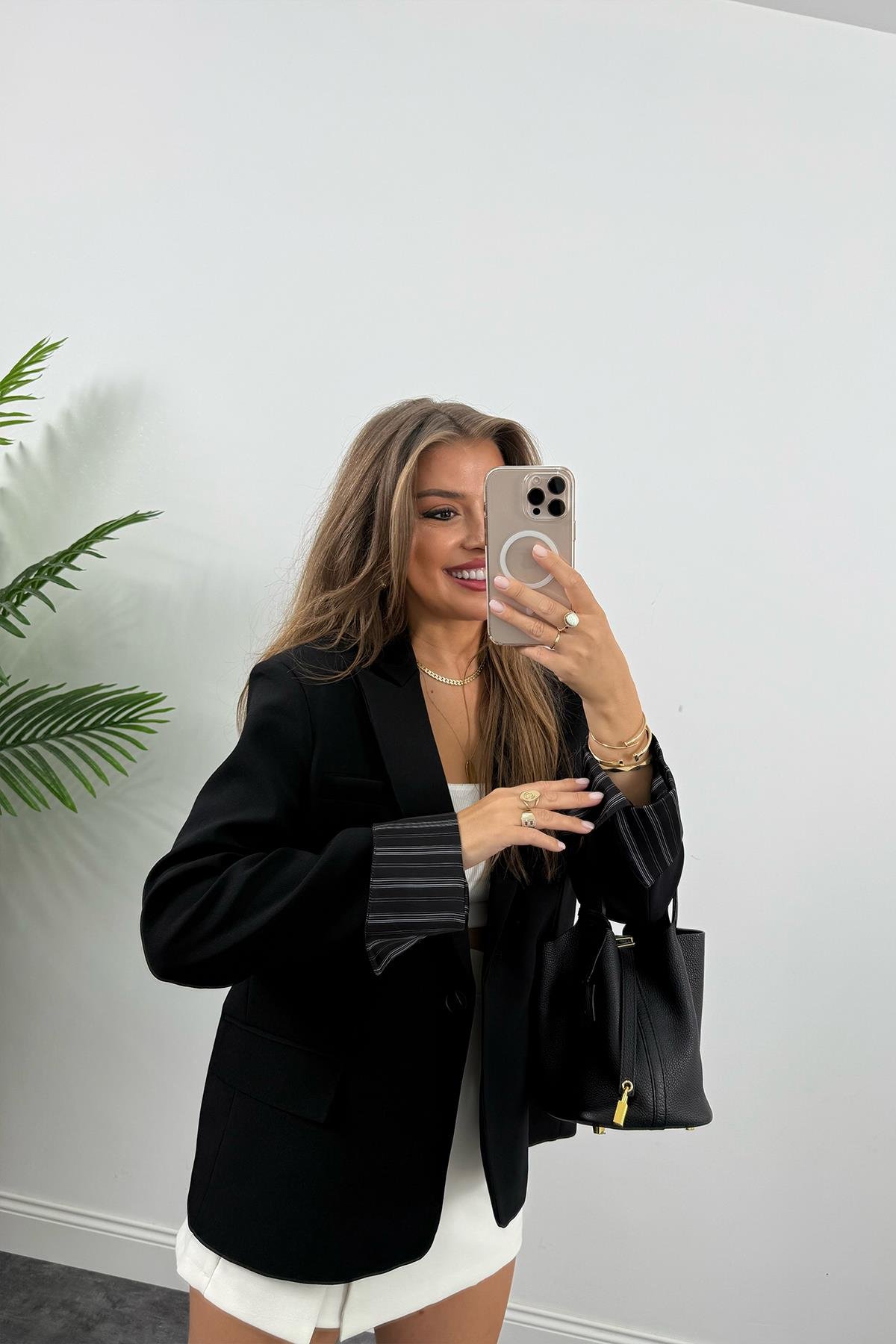 Premium Seri Kol Manşeti Çizgili Double Kumaş Blazer Ceket Siyah