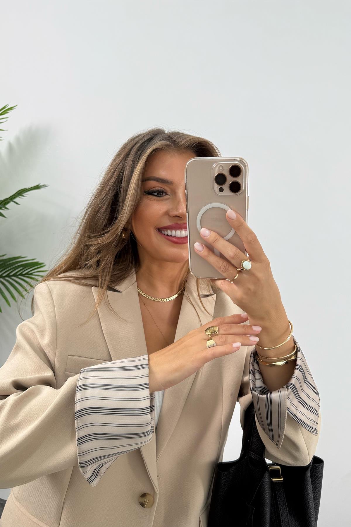 Premium Seri Kol Manşeti Çizgili Double Kumaş Blazer Ceket Taş