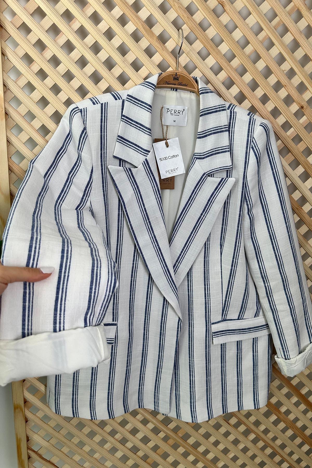 Premium Seri Lacivert Beyaz Çizgili Keten Blazer Ceket