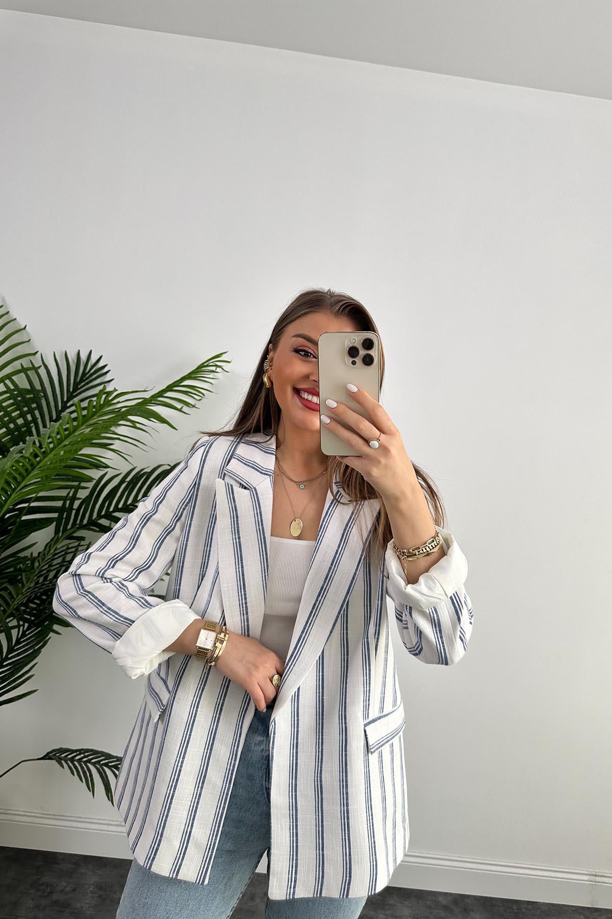 Premium Seri Lacivert Beyaz Çizgili Keten Blazer Ceket
