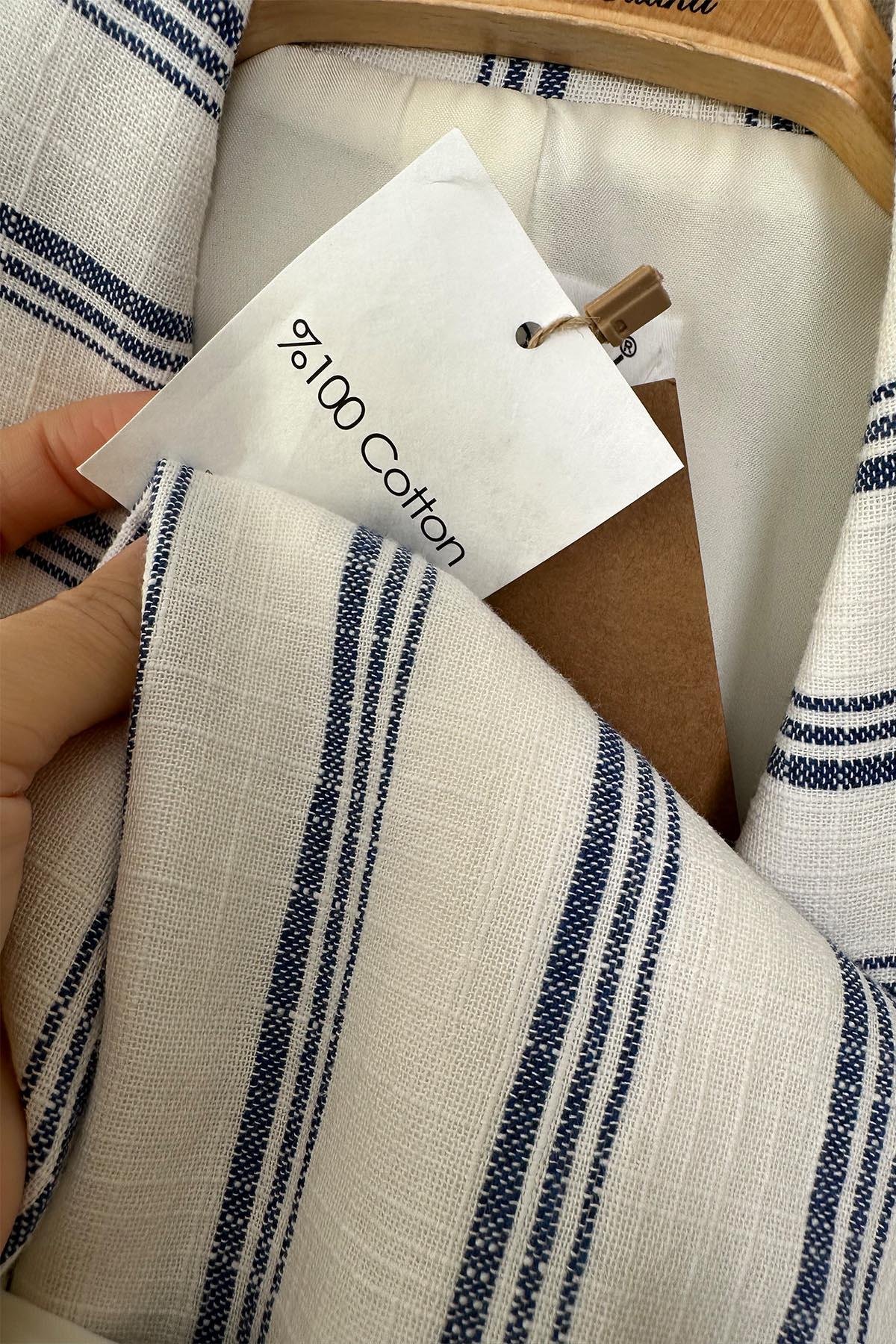 Premium Seri Lacivert Beyaz Çizgili Keten Blazer Ceket