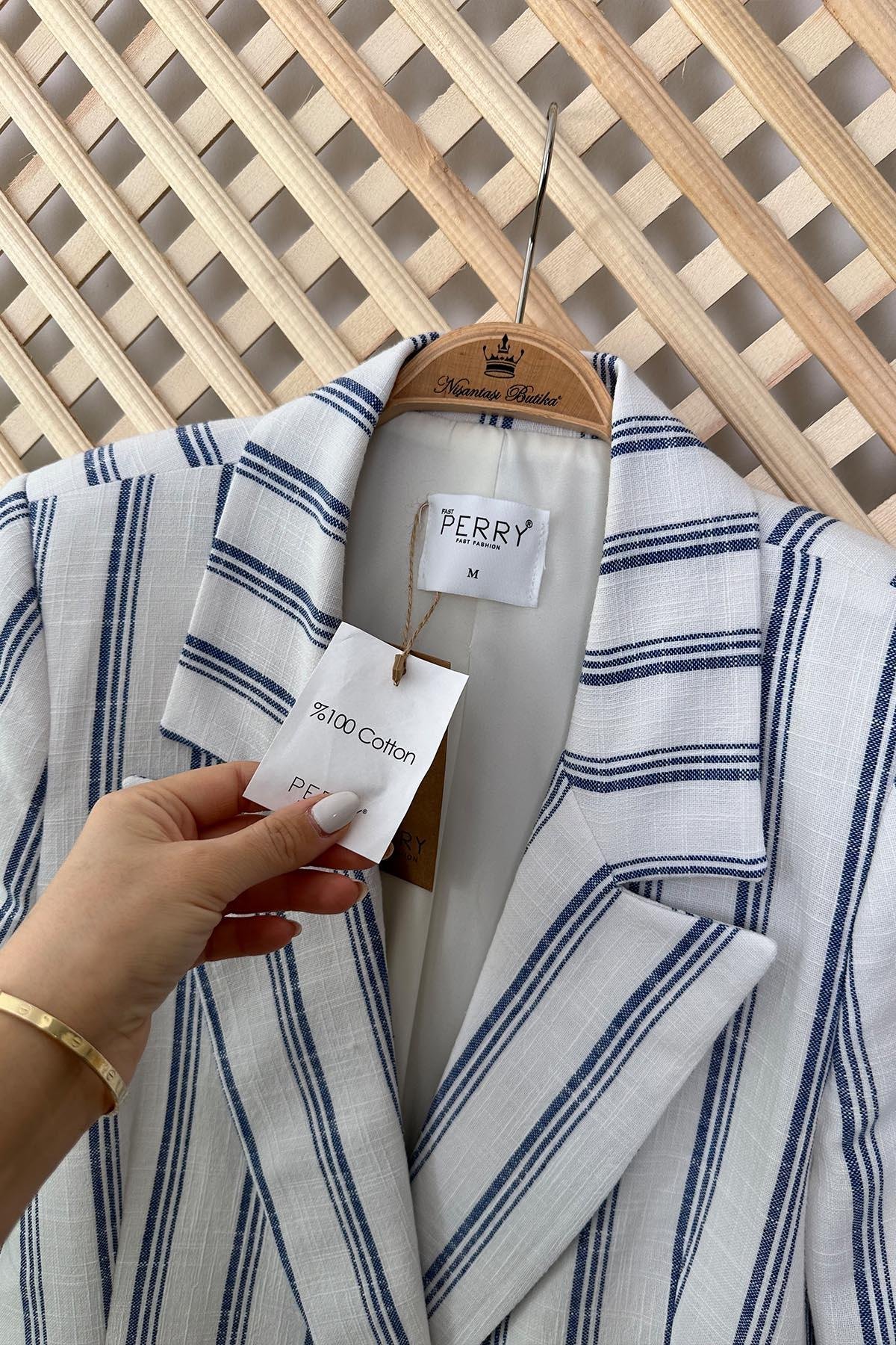 Premium Seri Lacivert Beyaz Çizgili Keten Blazer Ceket