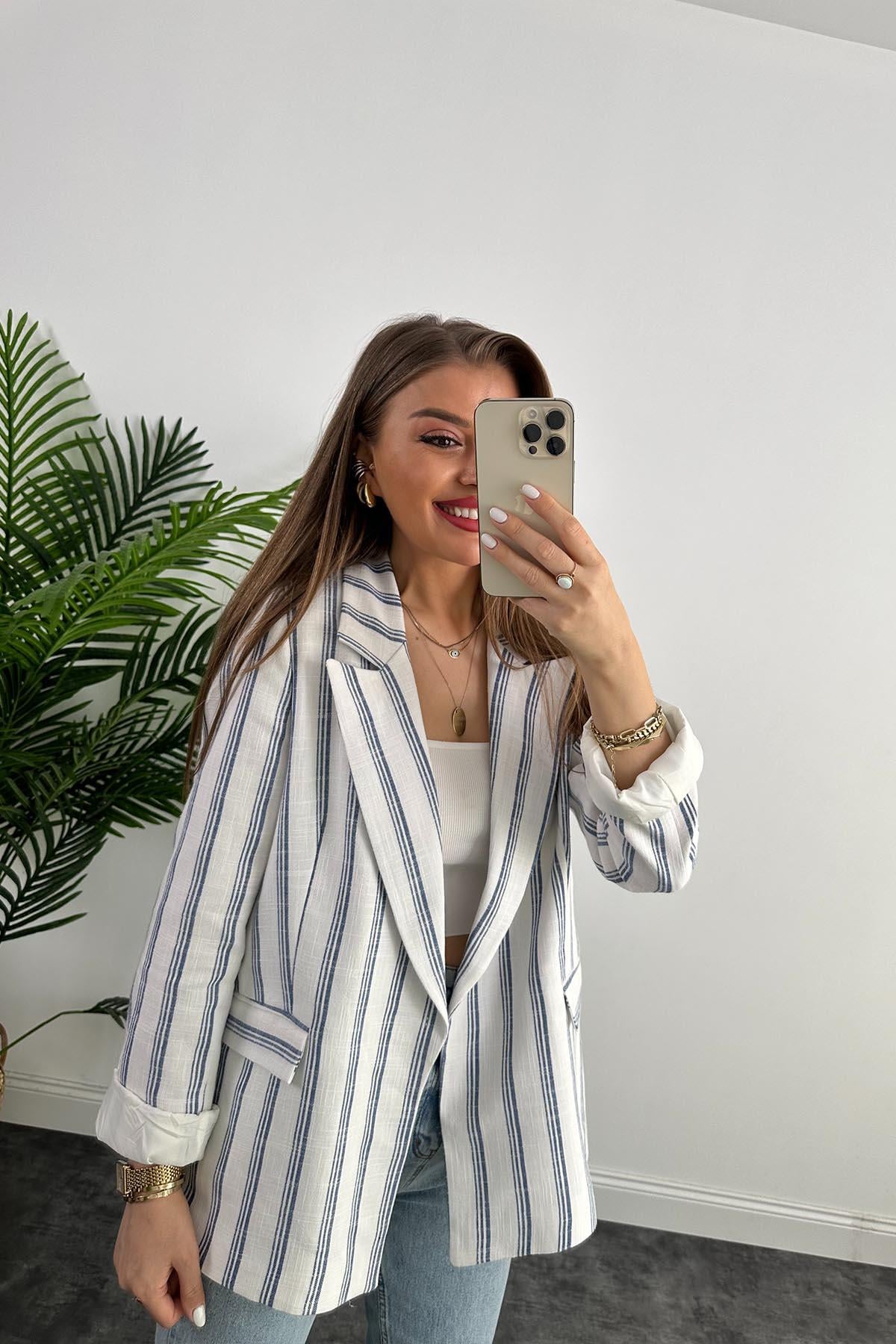 Premium Seri Lacivert Beyaz Çizgili Keten Blazer Ceket