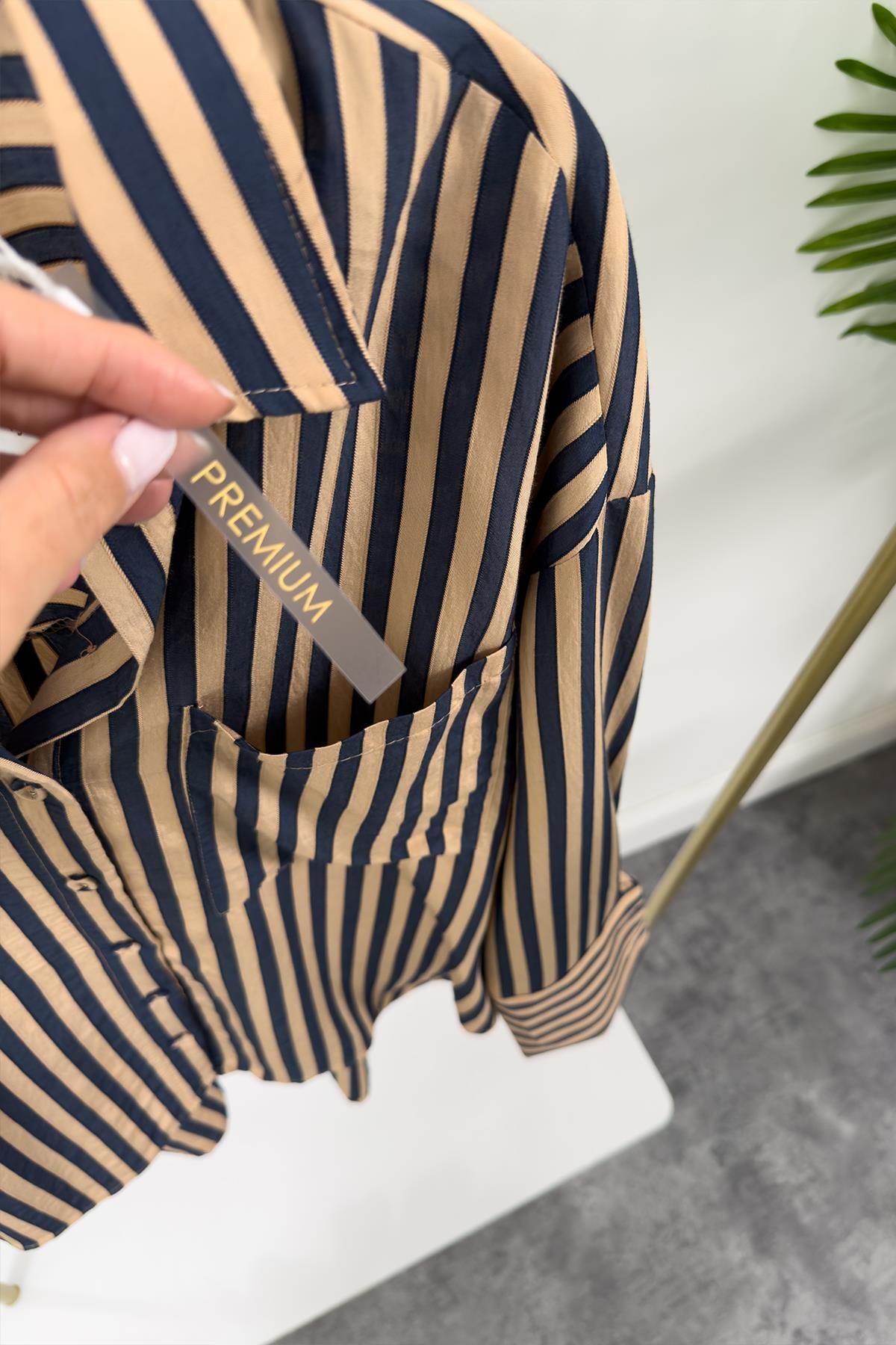 Premium Seri Lacivert Camel Çizgili Tensel Gömlek