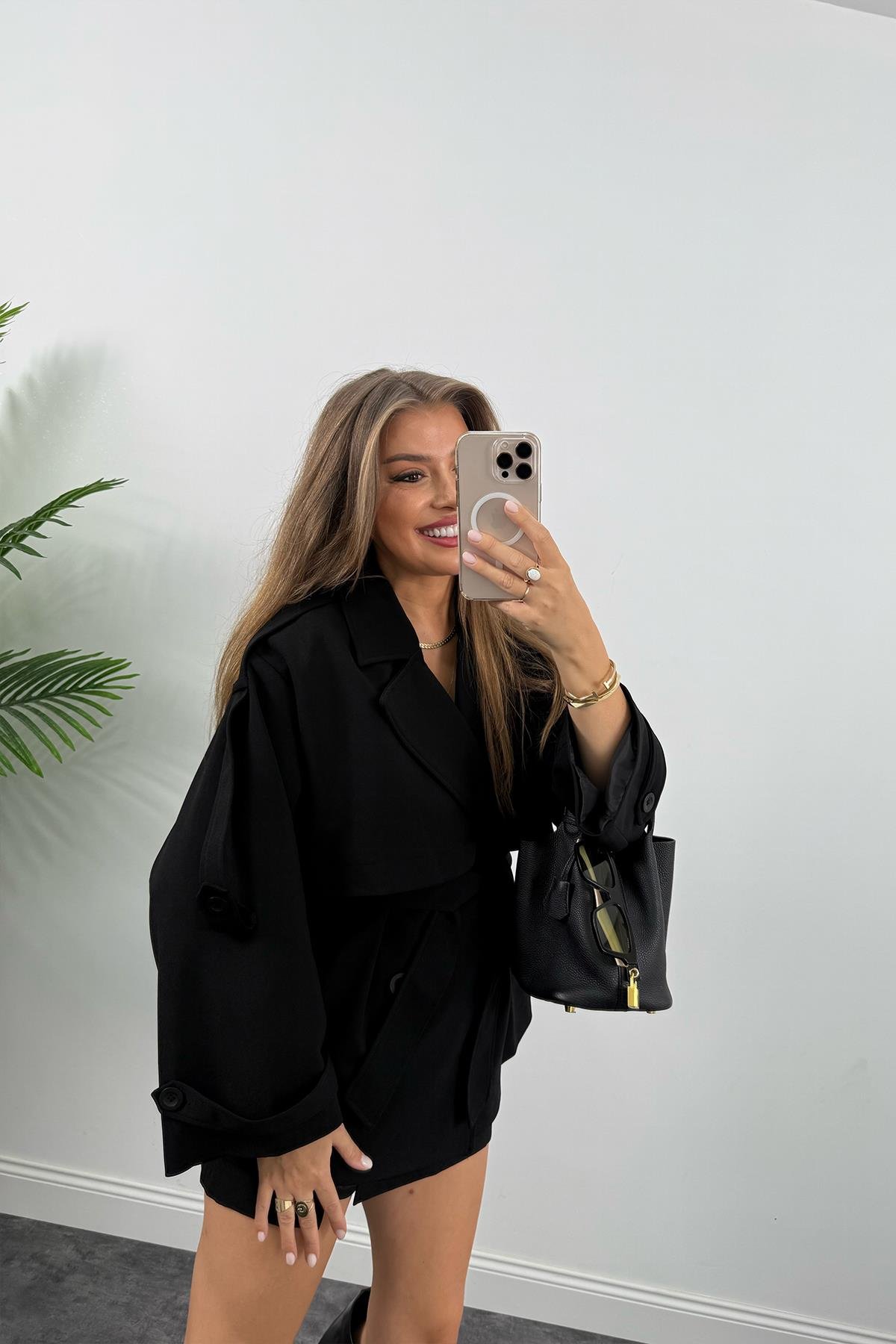 Premium Seri Lüx Double Kumaş Orta Boy Trençkot Siyah