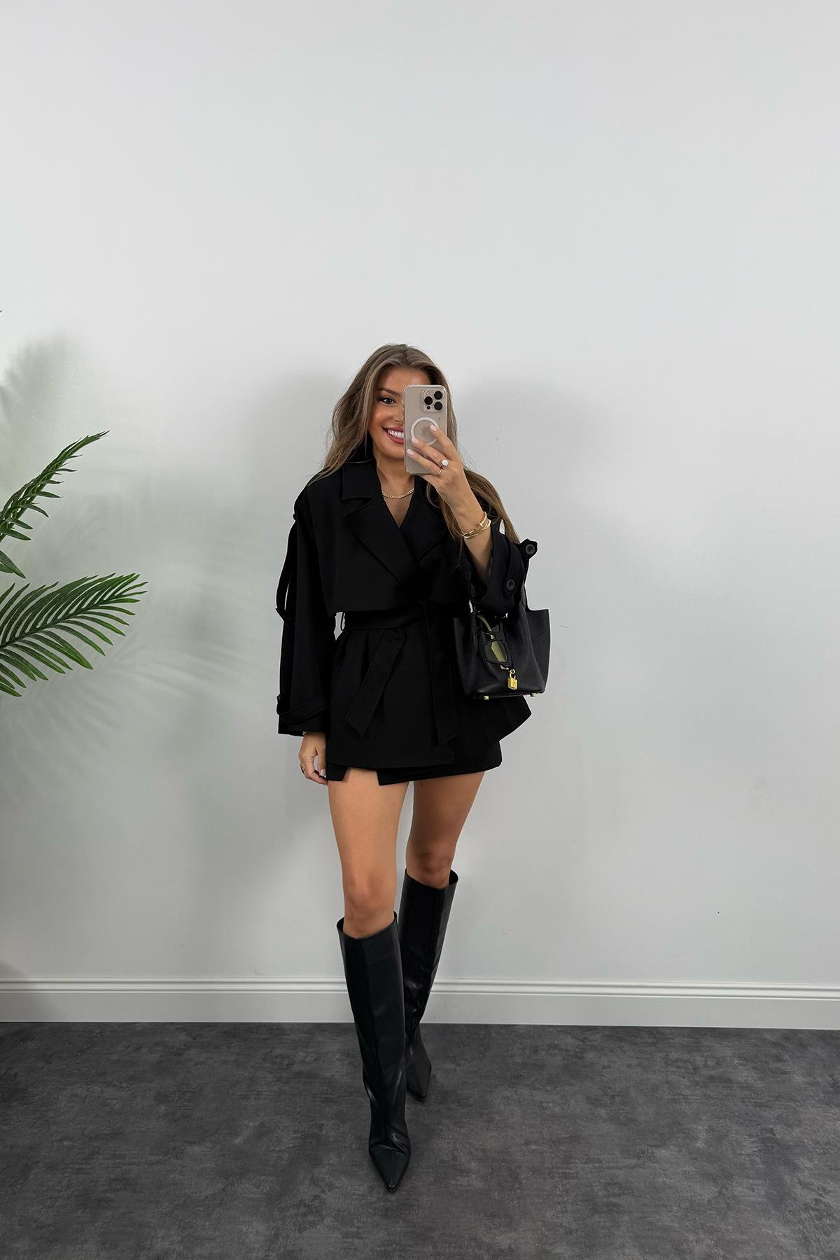 Premium Seri Lüx Double Kumaş Orta Boy Trençkot Siyah