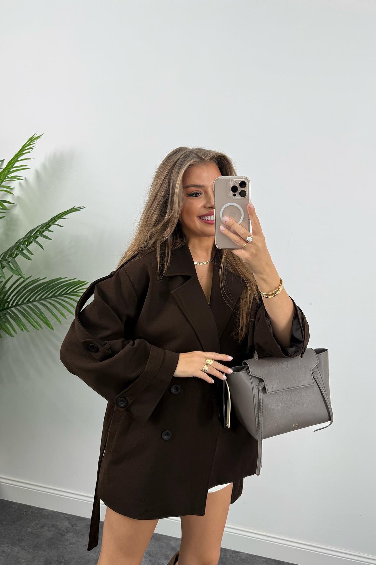 Premium Seri Lüx Double Kumaş Orta Boy Trençkot Acı Kahve