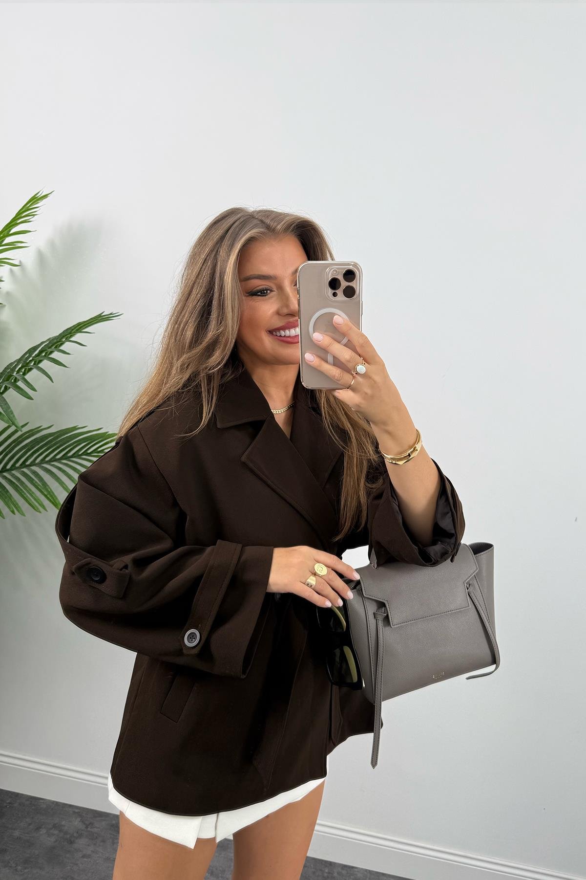 Premium Seri Lüx Double Kumaş Orta Boy Trençkot Acı Kahve