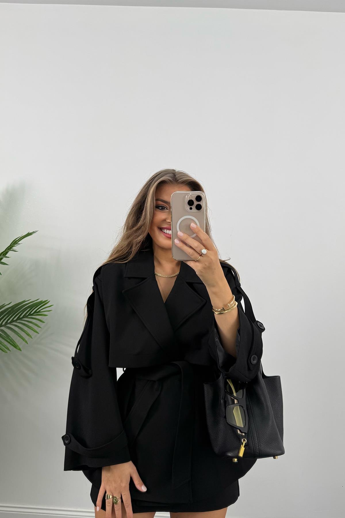 Premium Seri Lüx Double Kumaş Orta Boy Trençkot Siyah