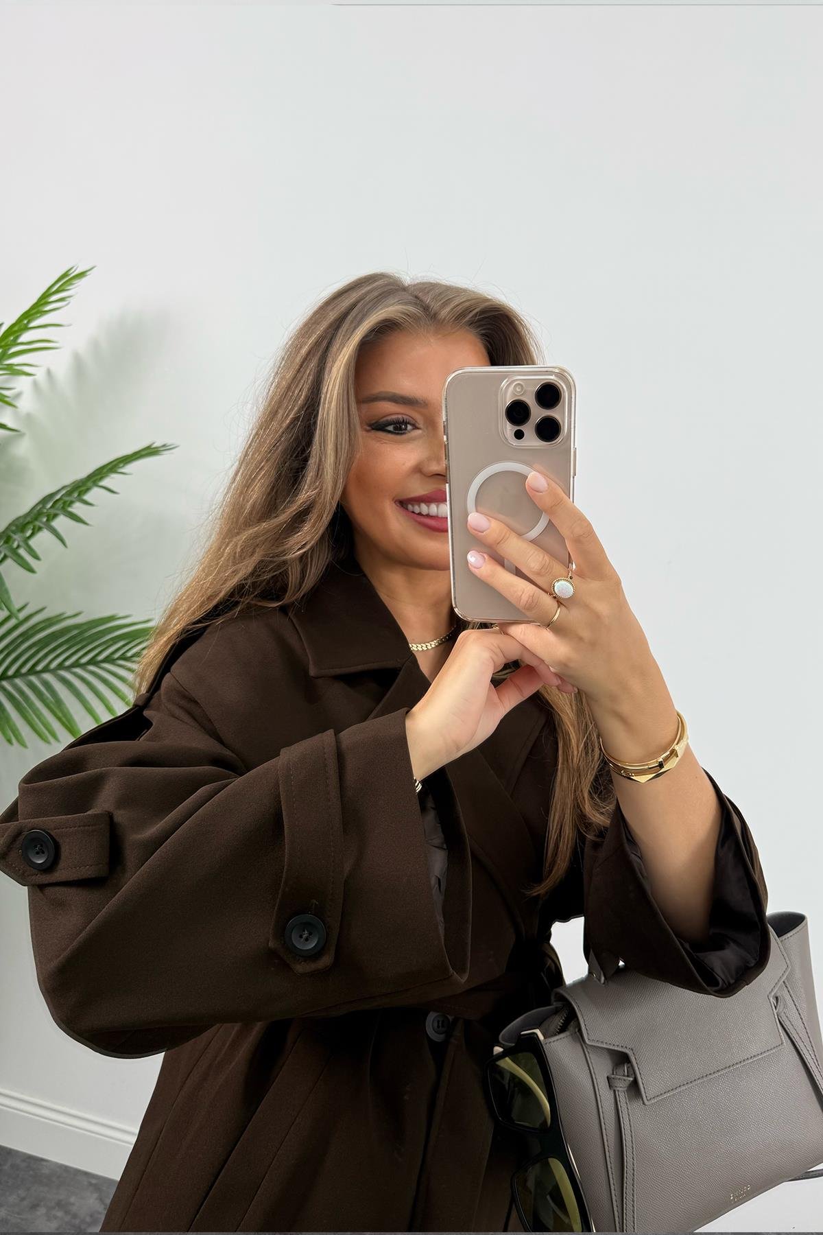 Premium Seri Lüx Double Kumaş Orta Boy Trençkot Acı Kahve