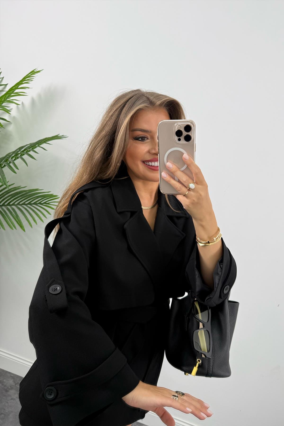 Premium Seri Lüx Double Kumaş Orta Boy Trençkot Siyah