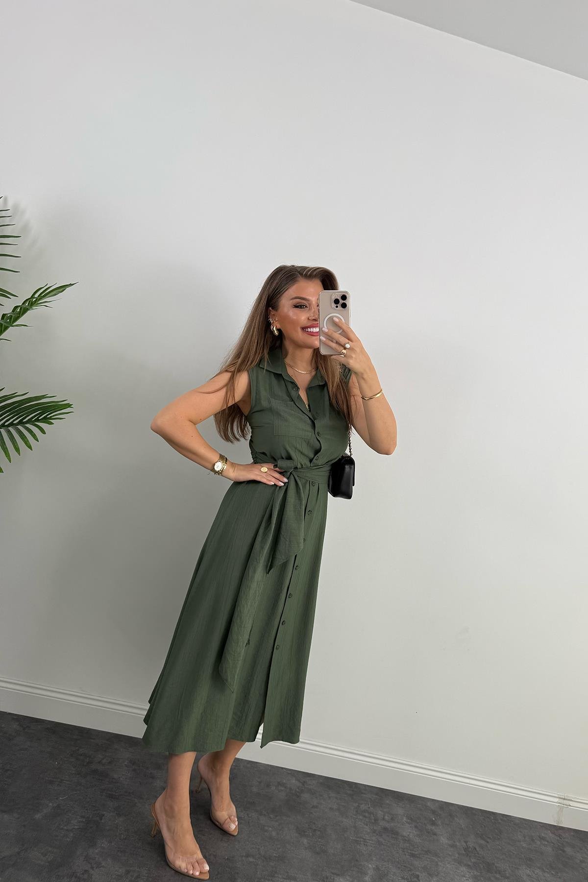 Premium Seri Mng Model Kuşaklı Midi Gömlek Elbise Haki