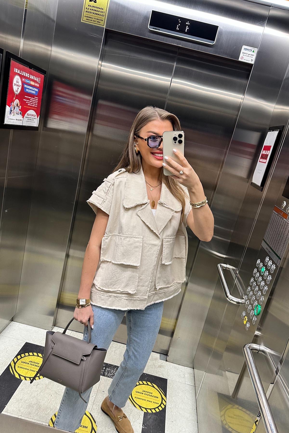 Premium Seri Naturel Gabardin Kumaş Tasarım Salaş Yelek
