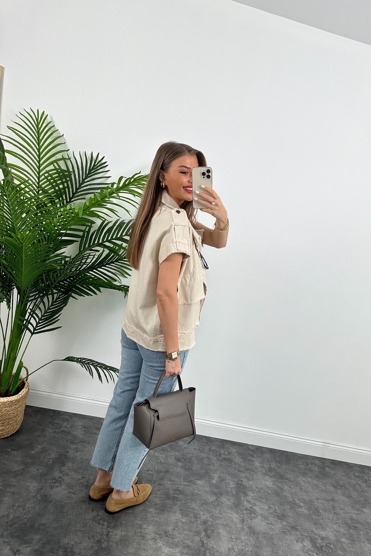 Premium Seri Naturel Gabardin Kumaş Tasarım Salaş Yelek