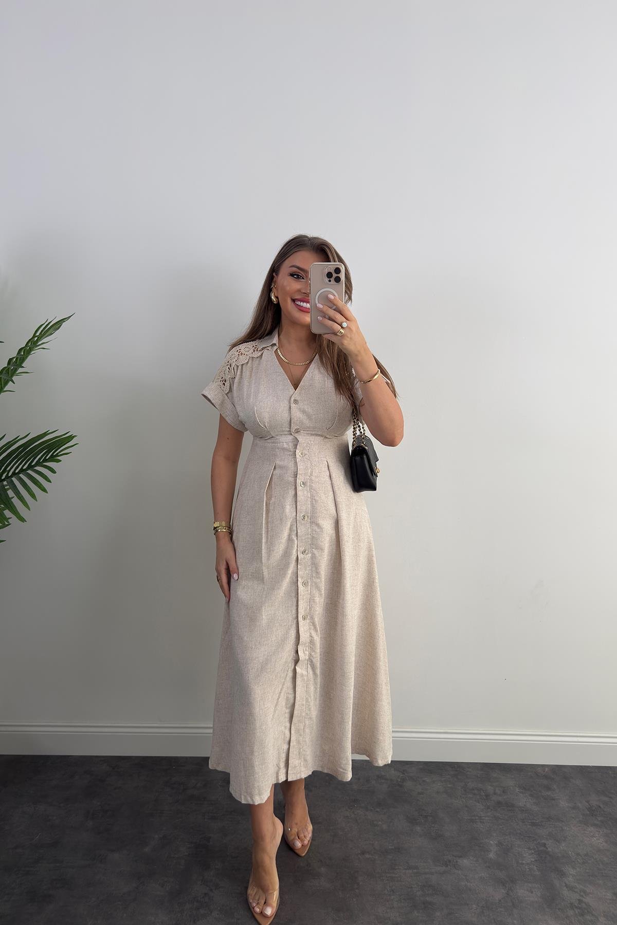 Premium Seri Omuzları Dantelli Ham Keten Midi Boy Elbise