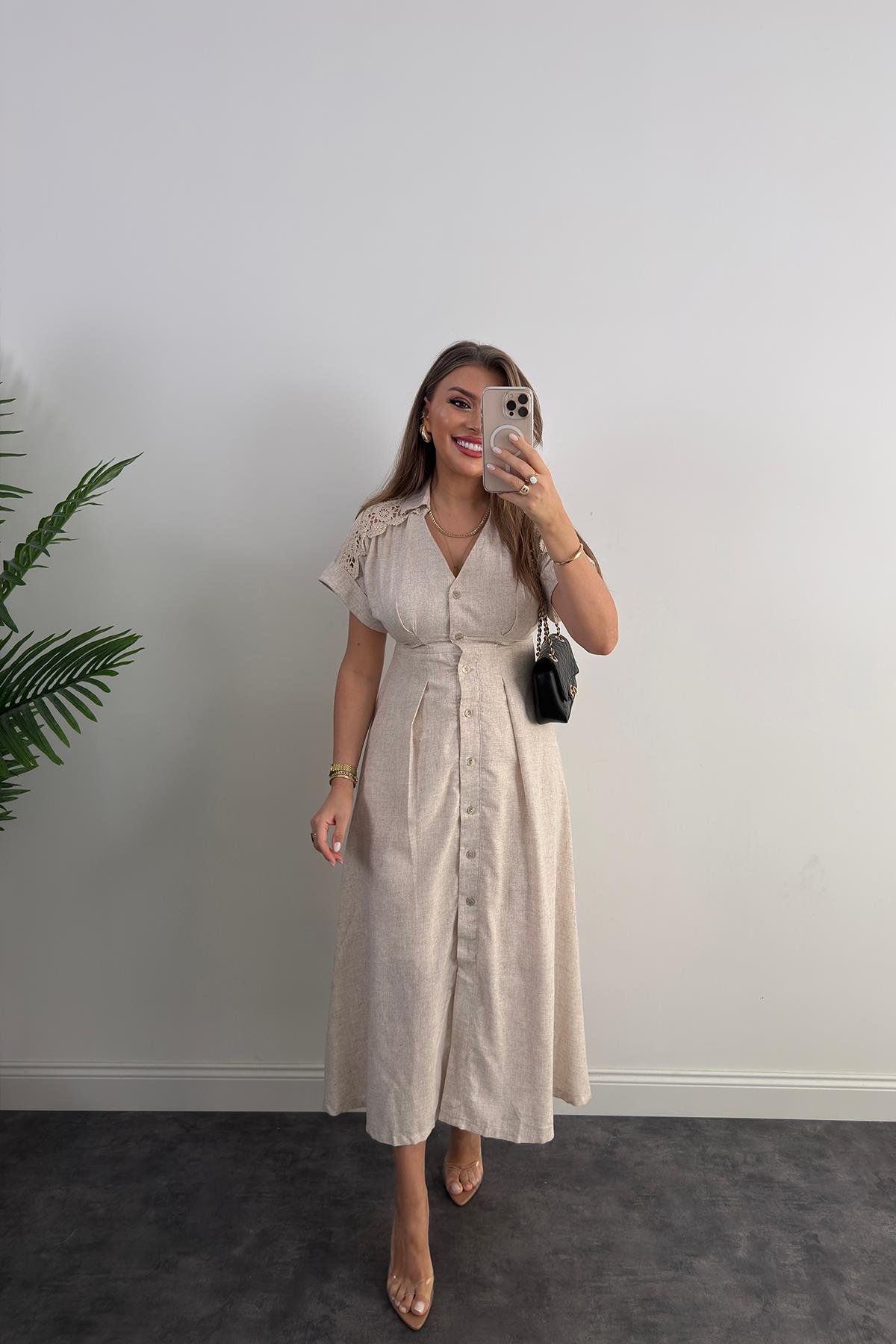 Premium Seri Omuzları Dantelli Ham Keten Midi Boy Elbise