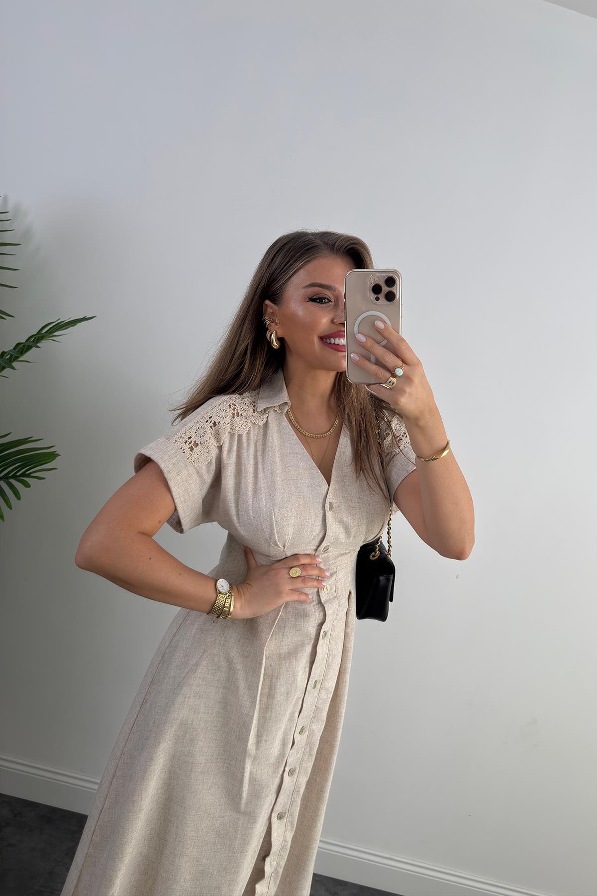 Premium Seri Omuzları Dantelli Ham Keten Midi Boy Elbise
