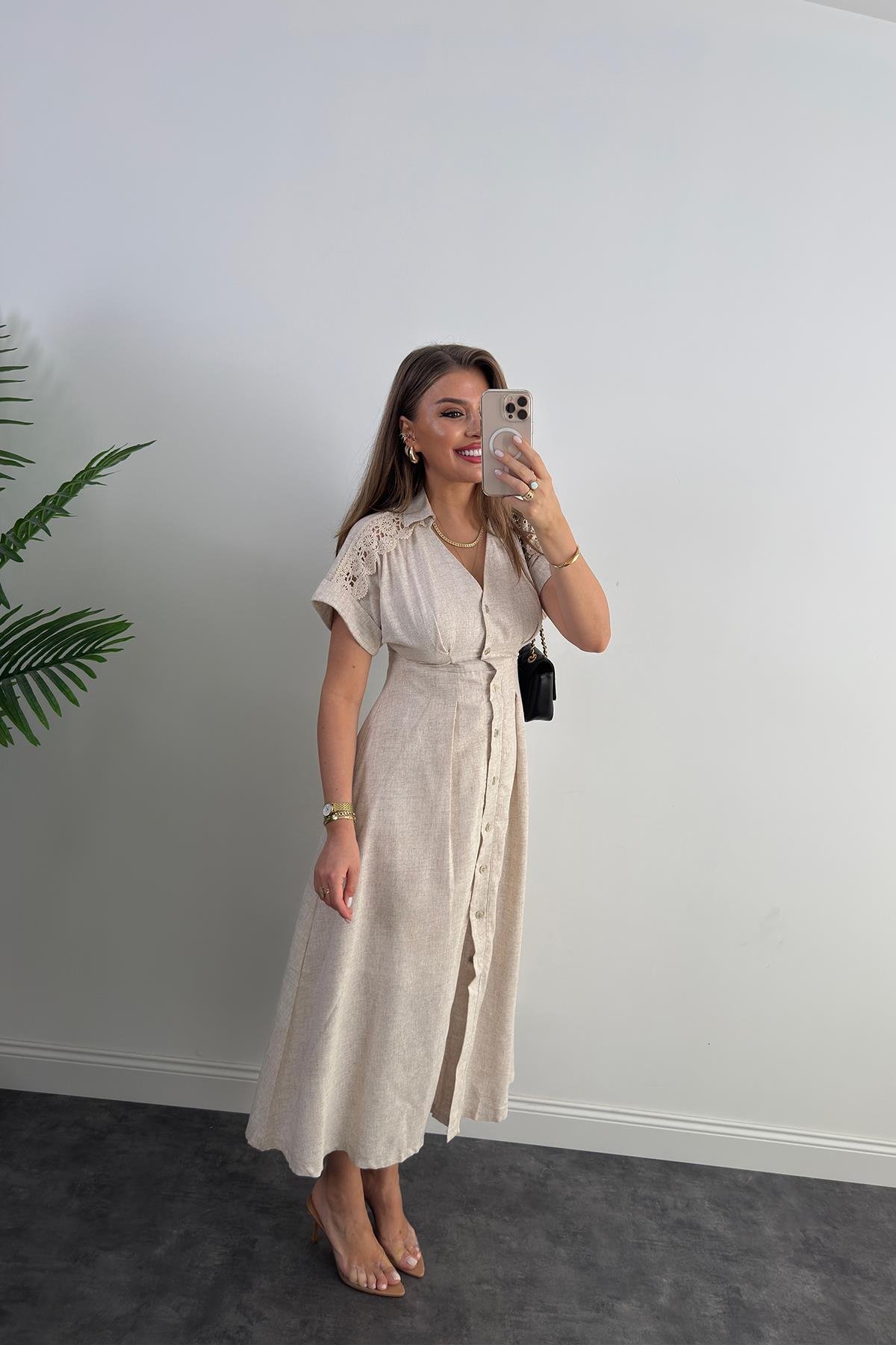Premium Seri Omuzları Dantelli Ham Keten Midi Boy Elbise