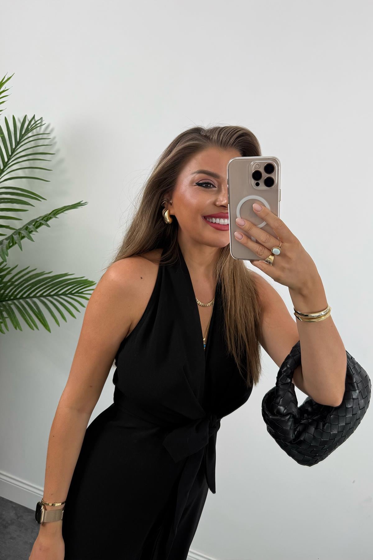 Premium Seri önden Bağlamalı Dökümlü Palazzo Tulum Siyah