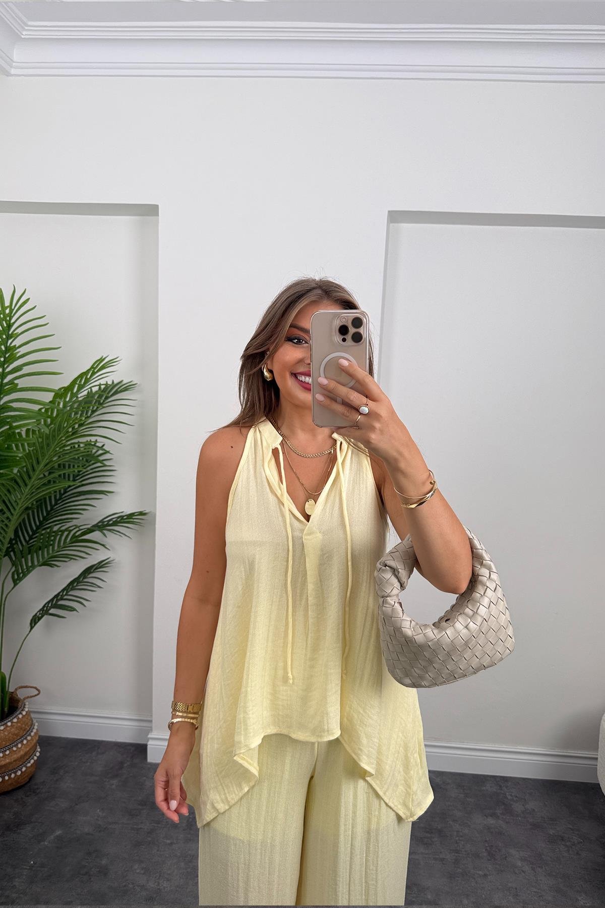 Premium Seri Organik Kumaş Asimetrik Tasarım Takım Butter Yellow