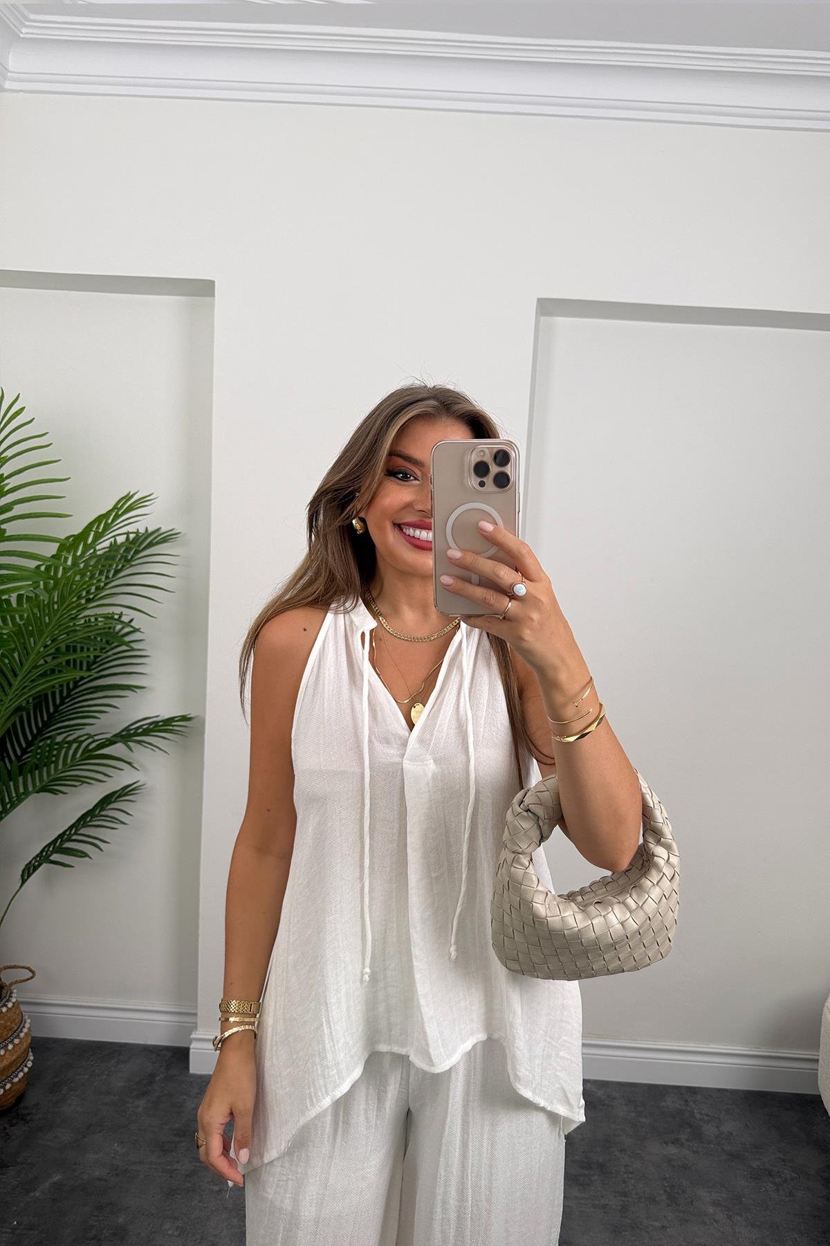 Premium Seri Organik Kumaş Asimetrik Tasarım Takım Beyaz