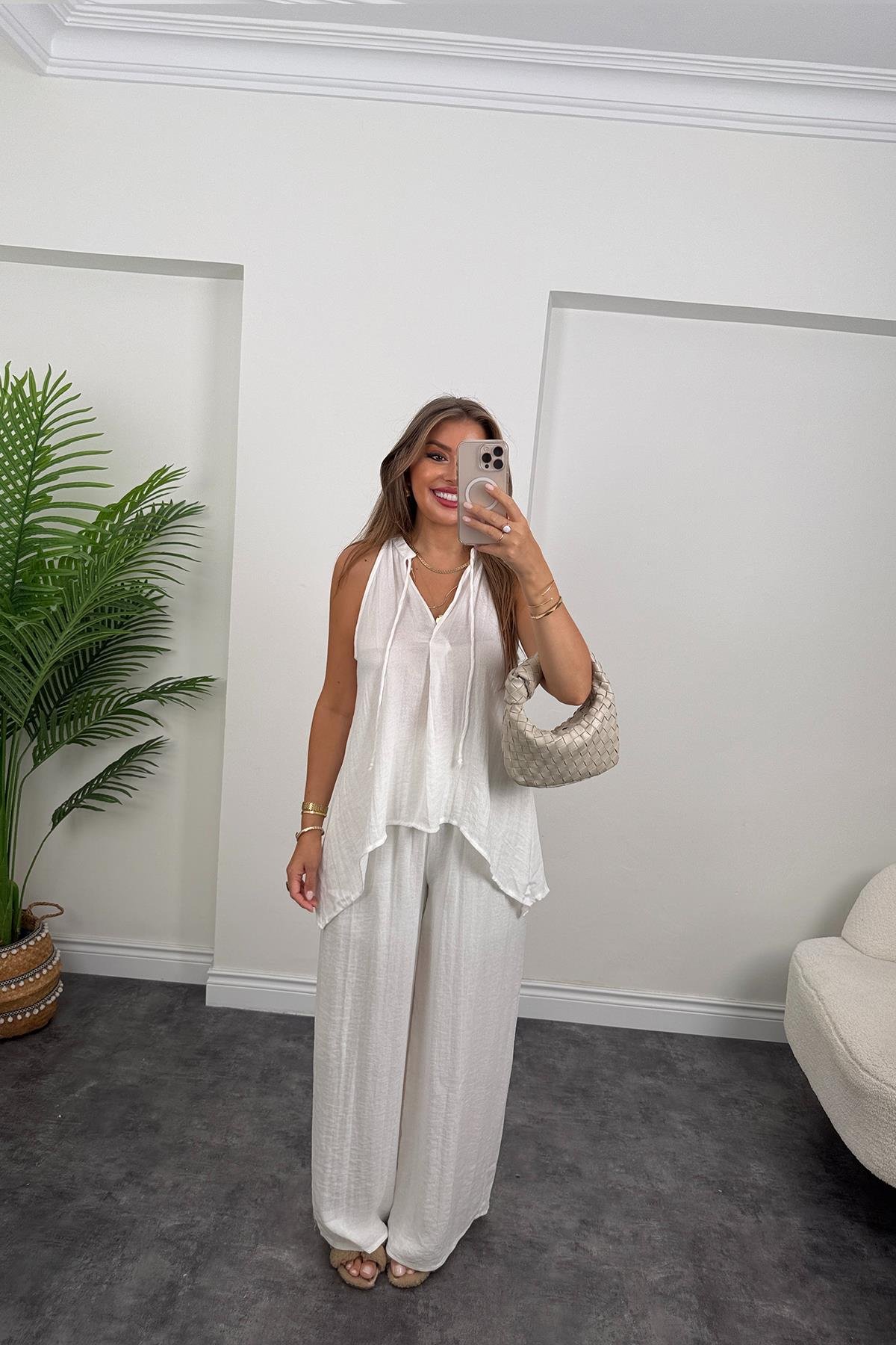 Premium Seri Organik Kumaş Asimetrik Tasarım Takım Beyaz