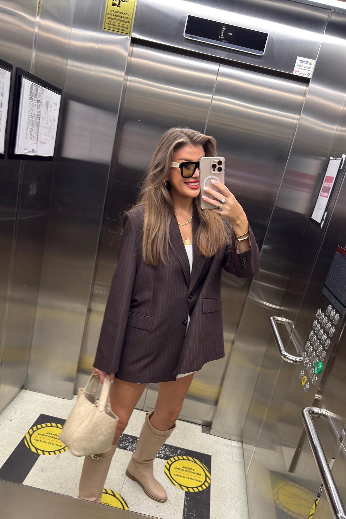 Premium Seri Oversize Lacivert Çizgili Kahverengi Blazer Ceket