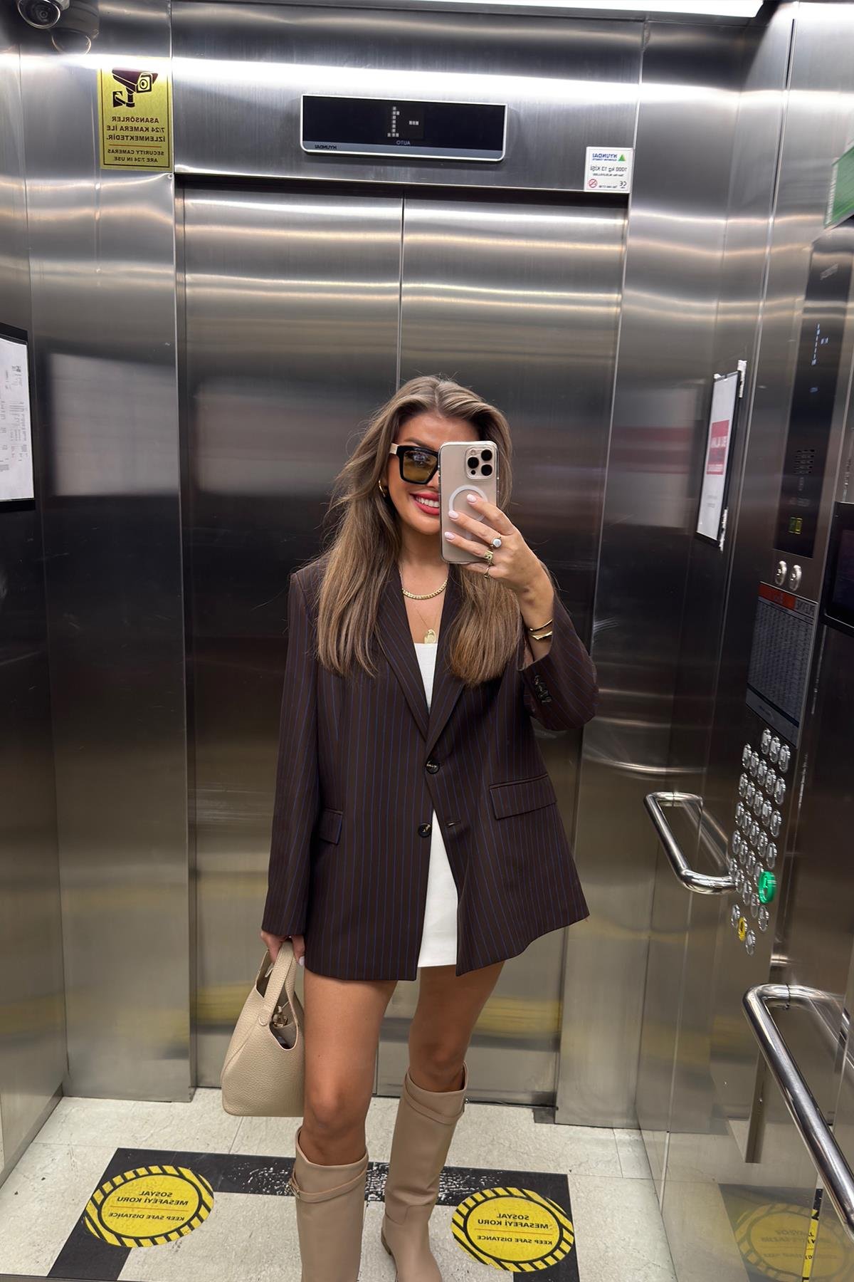 Premium Seri Oversize Lacivert Çizgili Kahverengi Blazer Ceket