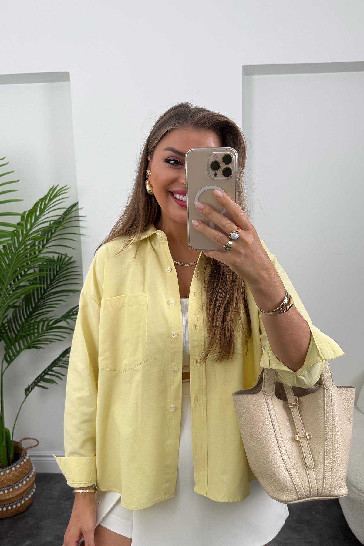 Premium Seri Pamuk Poplin Basic Gömlek Sarı