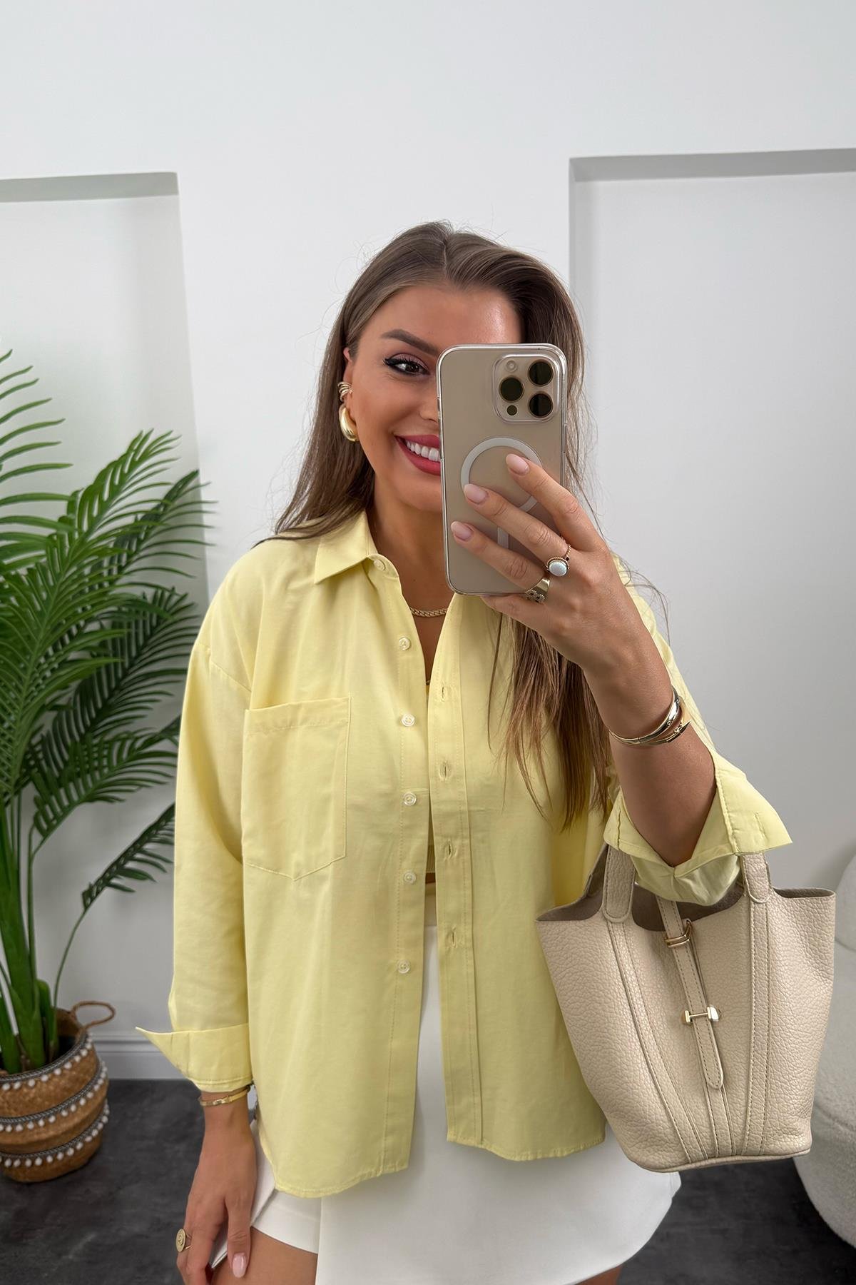 Premium Seri Pamuk Poplin Basic Gömlek Sarı